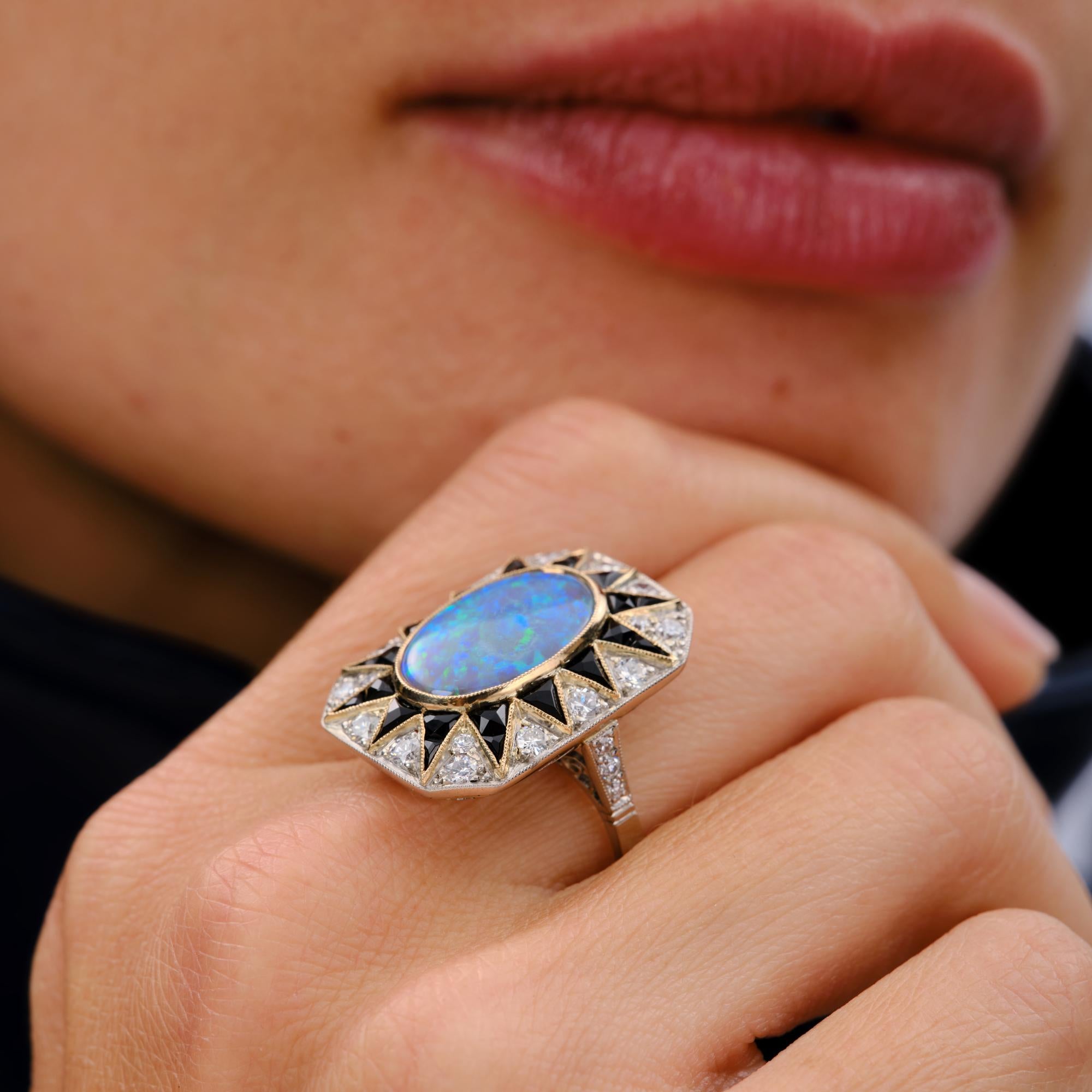 4.10 Carat Black Opal Diamond & Onyx Art Deco Style Cocktail Ring