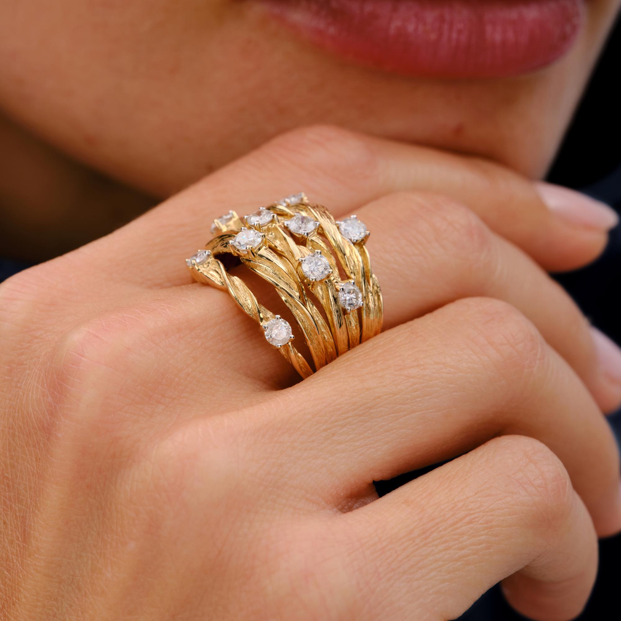 Vintage Mid Century 7 Row Ribbon Diamond Wide Cigar Band Ring