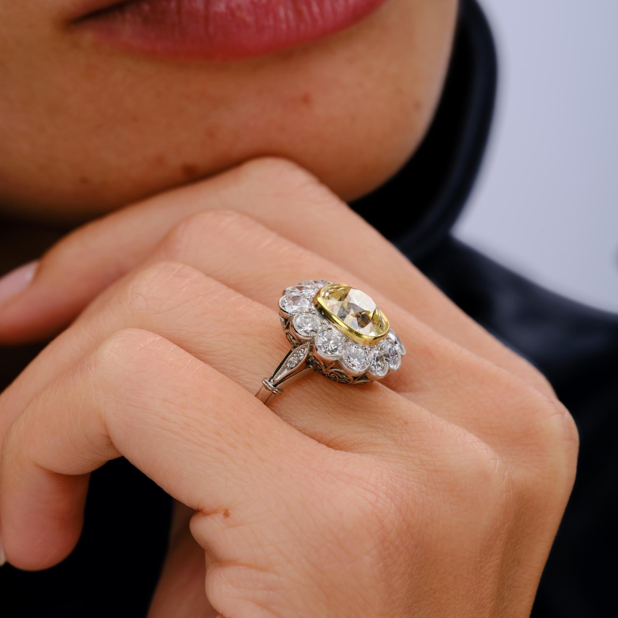 Antique 3.76 Carat Old Mine Cut Yellow Diamond Platinum Halo Engagement Ring