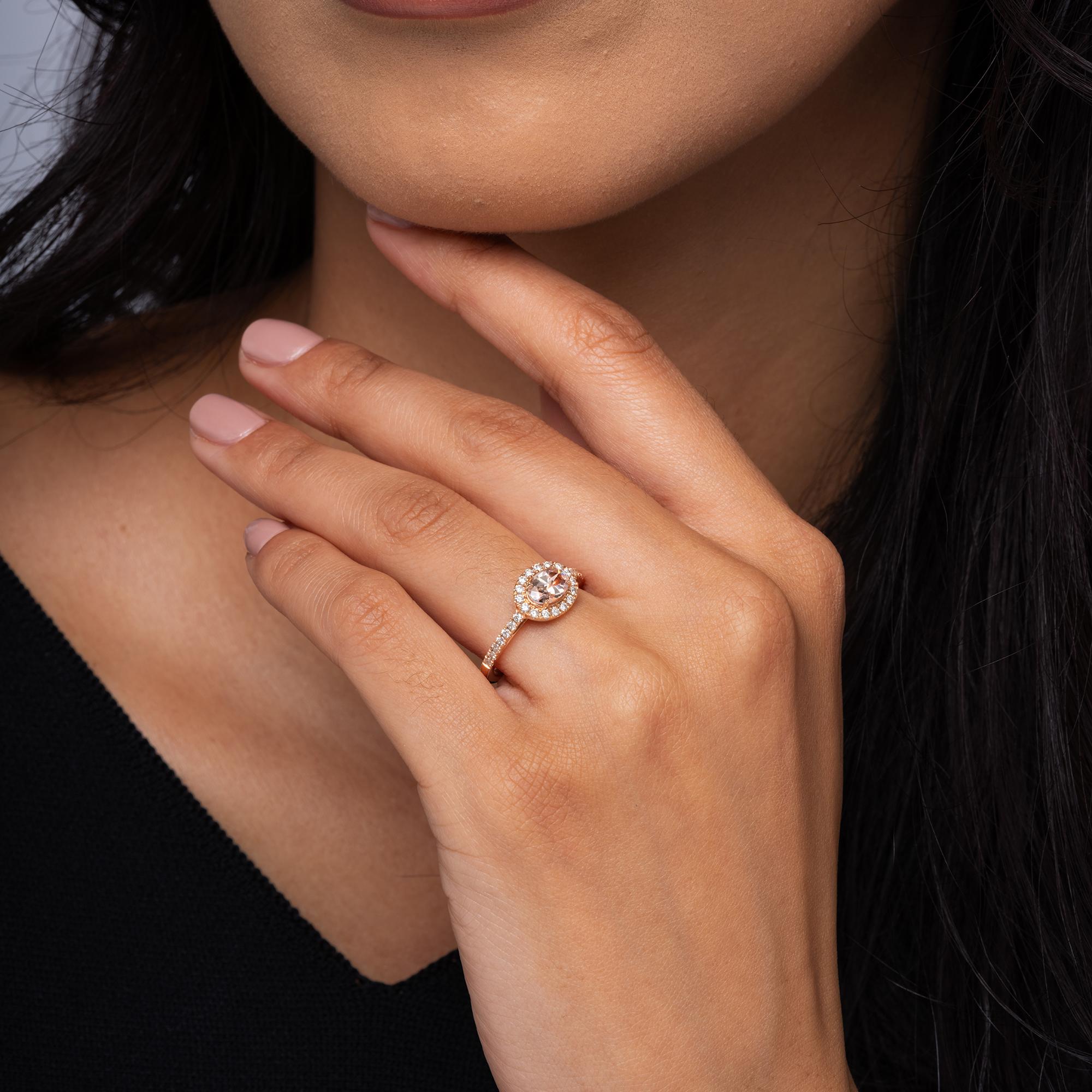 Oval Morganite and Diamond 14k Rose Gold Halo Engagement Ring