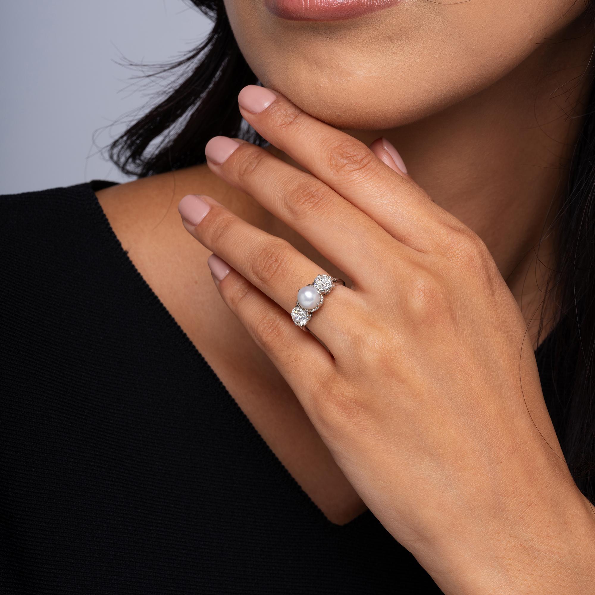 Antique Tiffany & Co Edwardian GIA Natural Pearl 3-Stone Diamond Platinum Ring