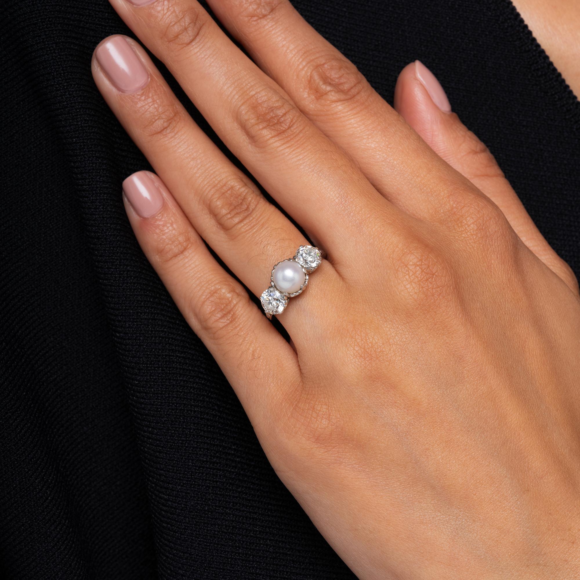 Antique Tiffany & Co Edwardian GIA Natural Pearl 3-Stone Diamond Platinum Ring