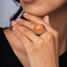 Retro 1940s Coral Cabochon 14k Yellow Gold Filigree Dome Cocktail Ring