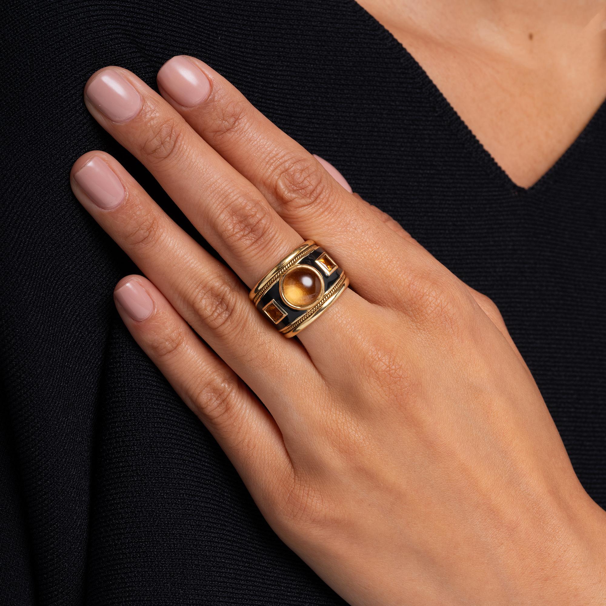 Vintage Mid Century Modern Citrine Black Enamel Wide Cigar Band Ring