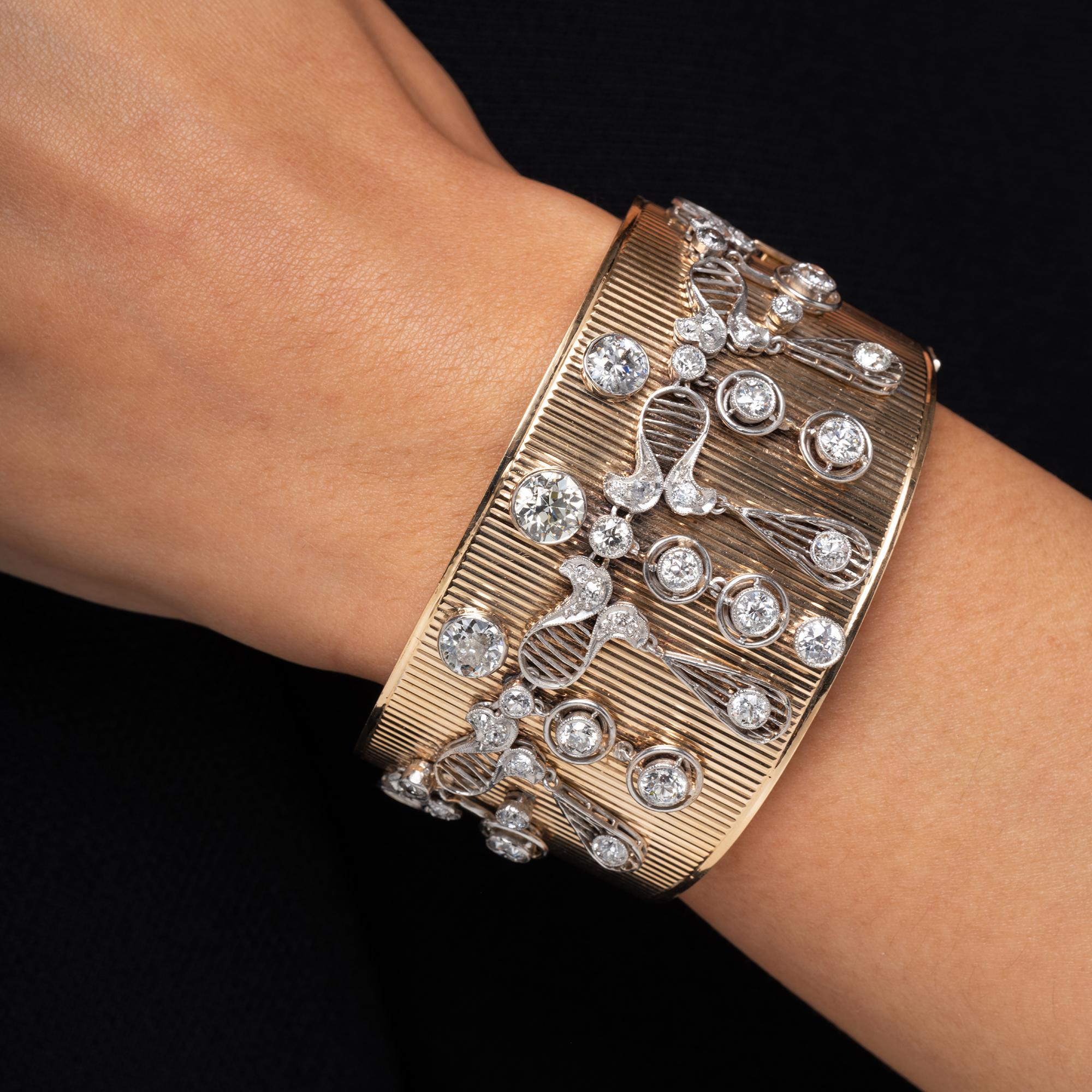 Retro 7 Carat Old European Diamond Wide Cuff Bangle Bracelet