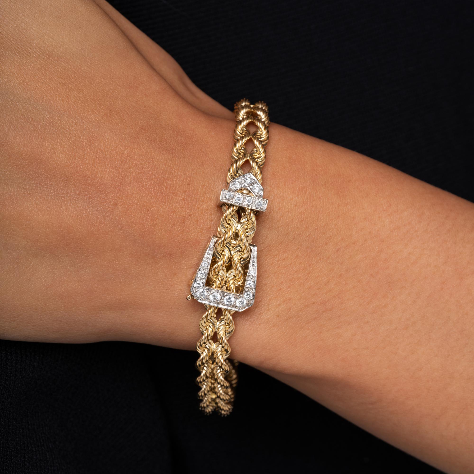 Vintage 14k Gold Rope Diamond Adjustable Belt Buckle Bracelet