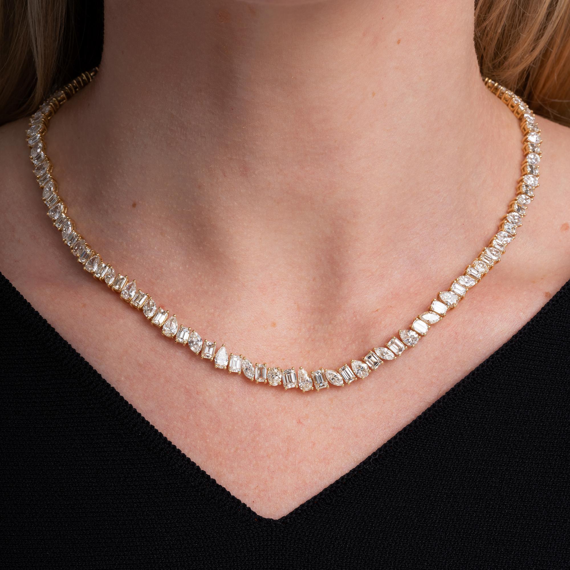 Mixed Cut 29 Carat Diamond Yellow Gold Tennis Necklace