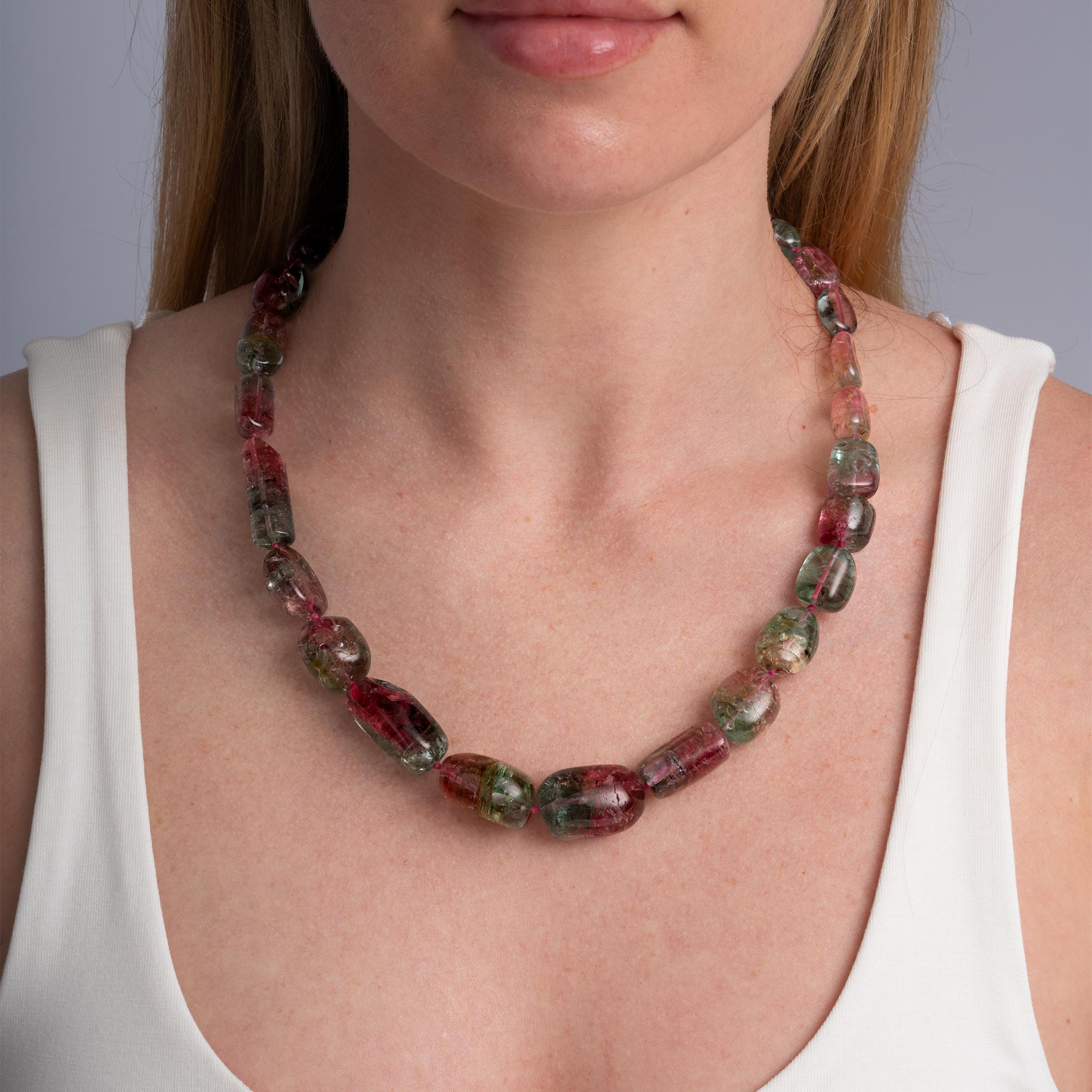 Multicolor Watermelon Tourmaline Beads Necklace 18k Gold 21"