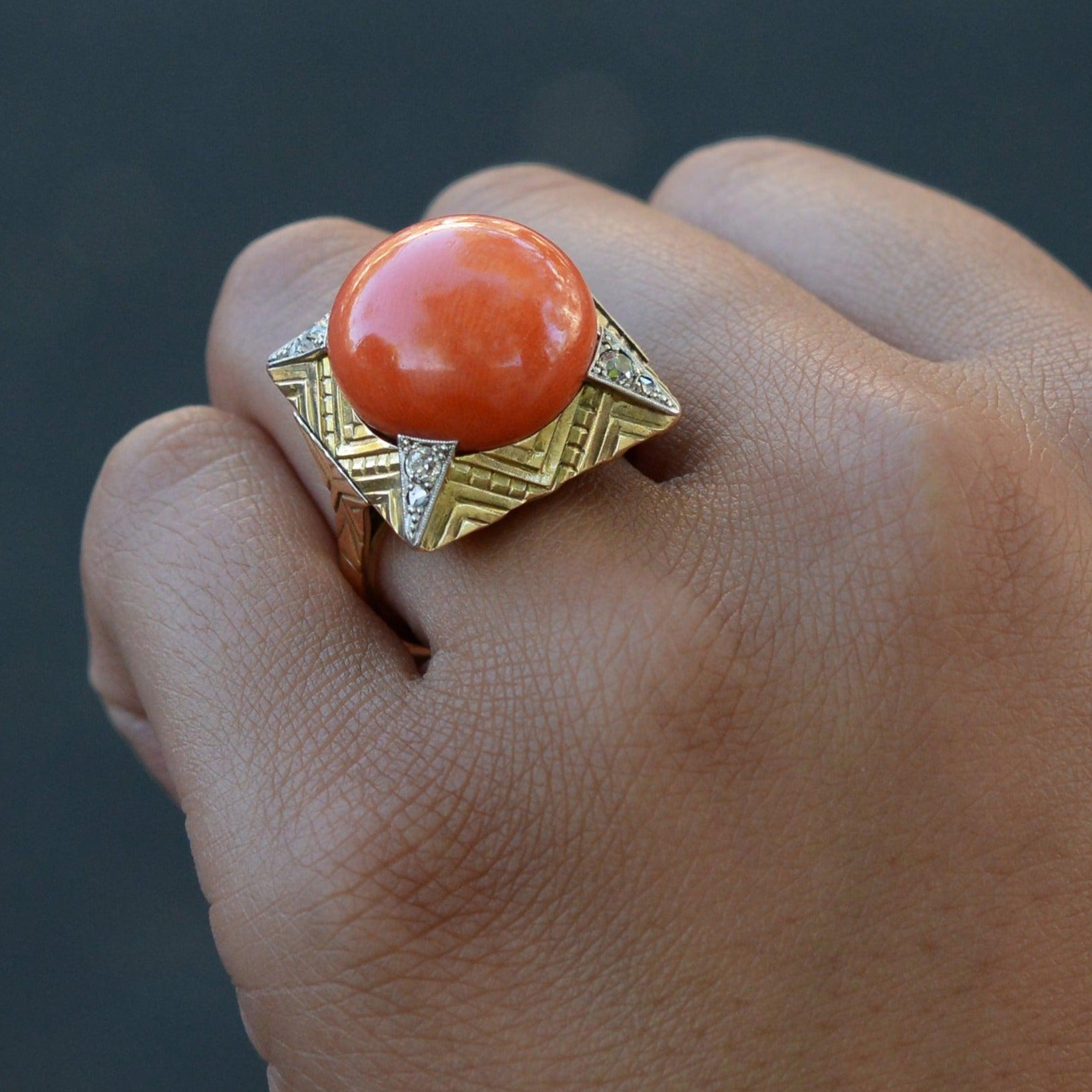 Retro Large Coral & Diamond Cocktail Ring