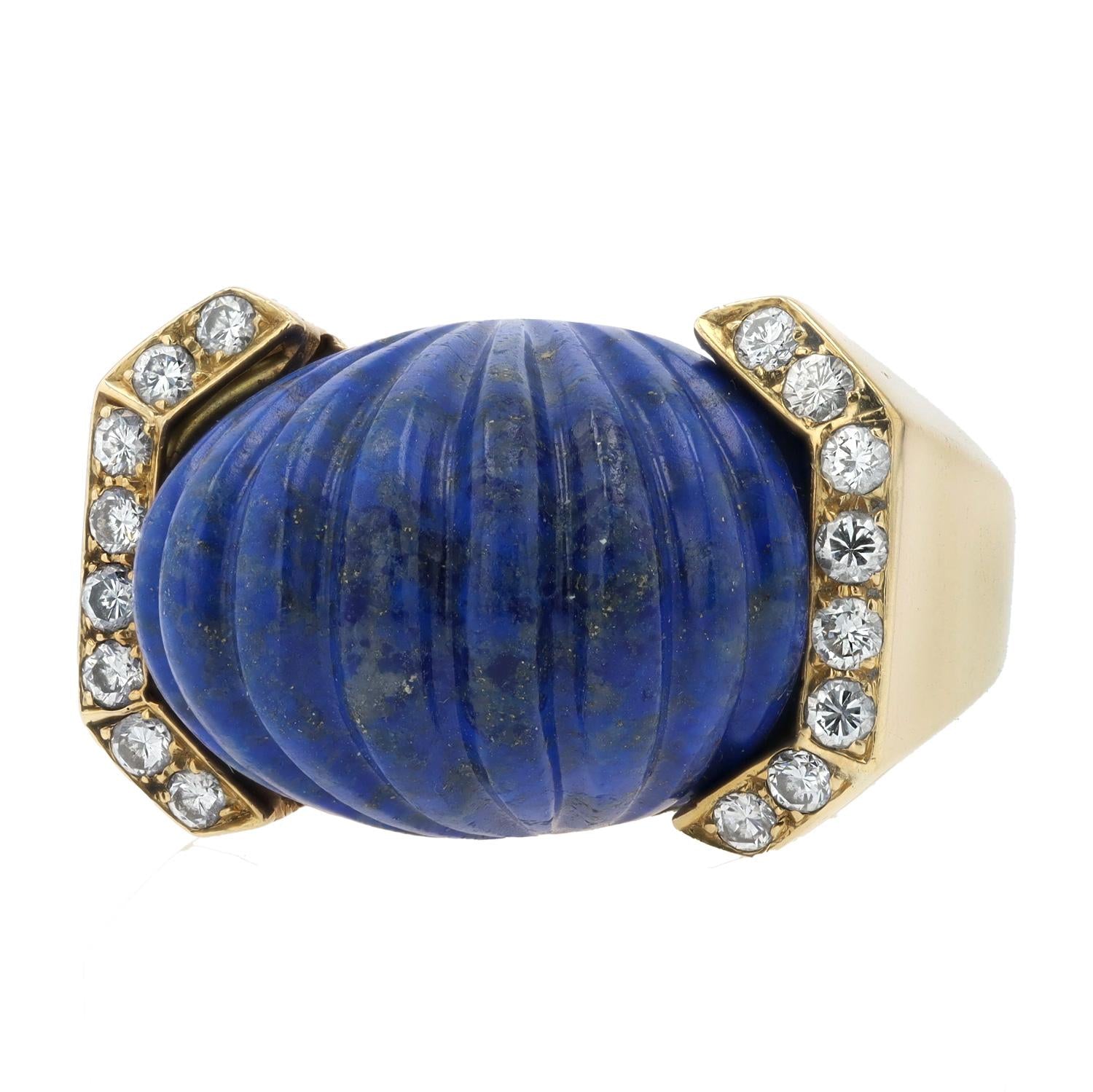 Vintage David Webb Carved Lapis & Diamond 18k Dome Ring