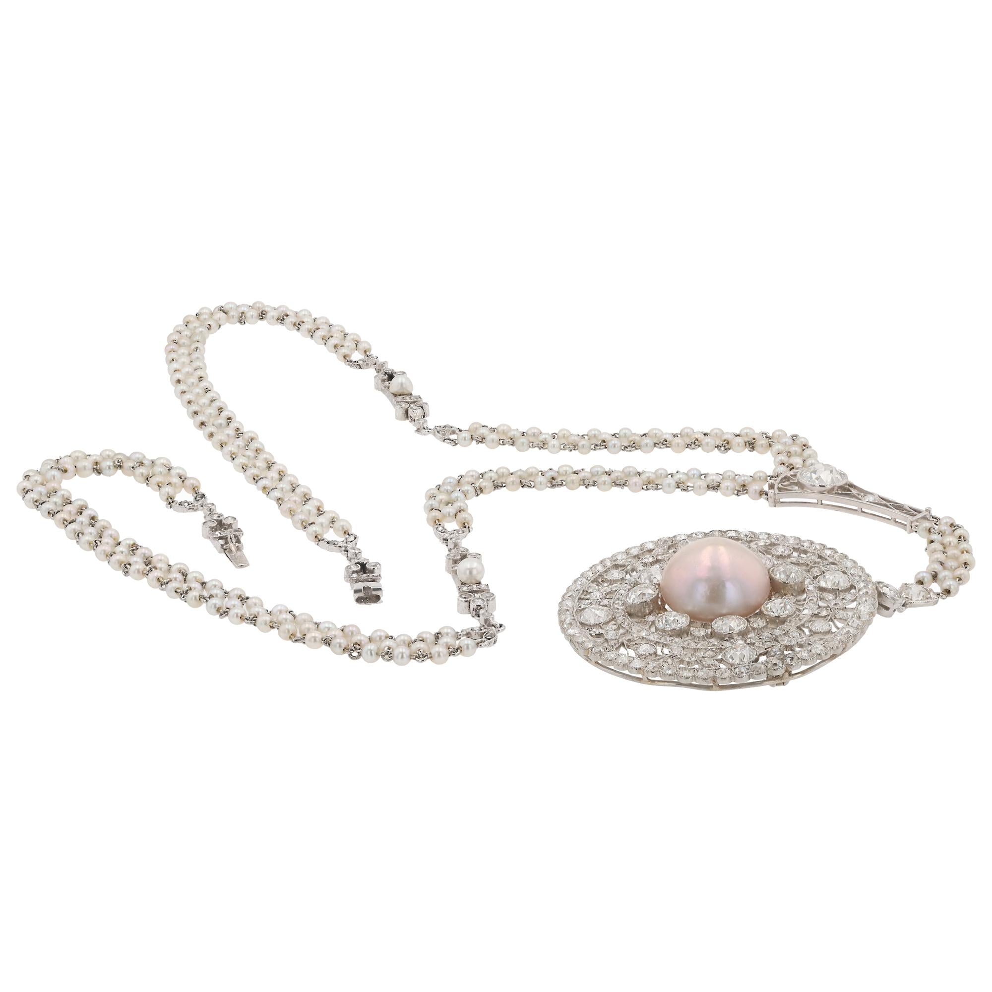 Edwardian 6 Carat Diamond & Pearl Platinum Sautoir Conversion Necklace