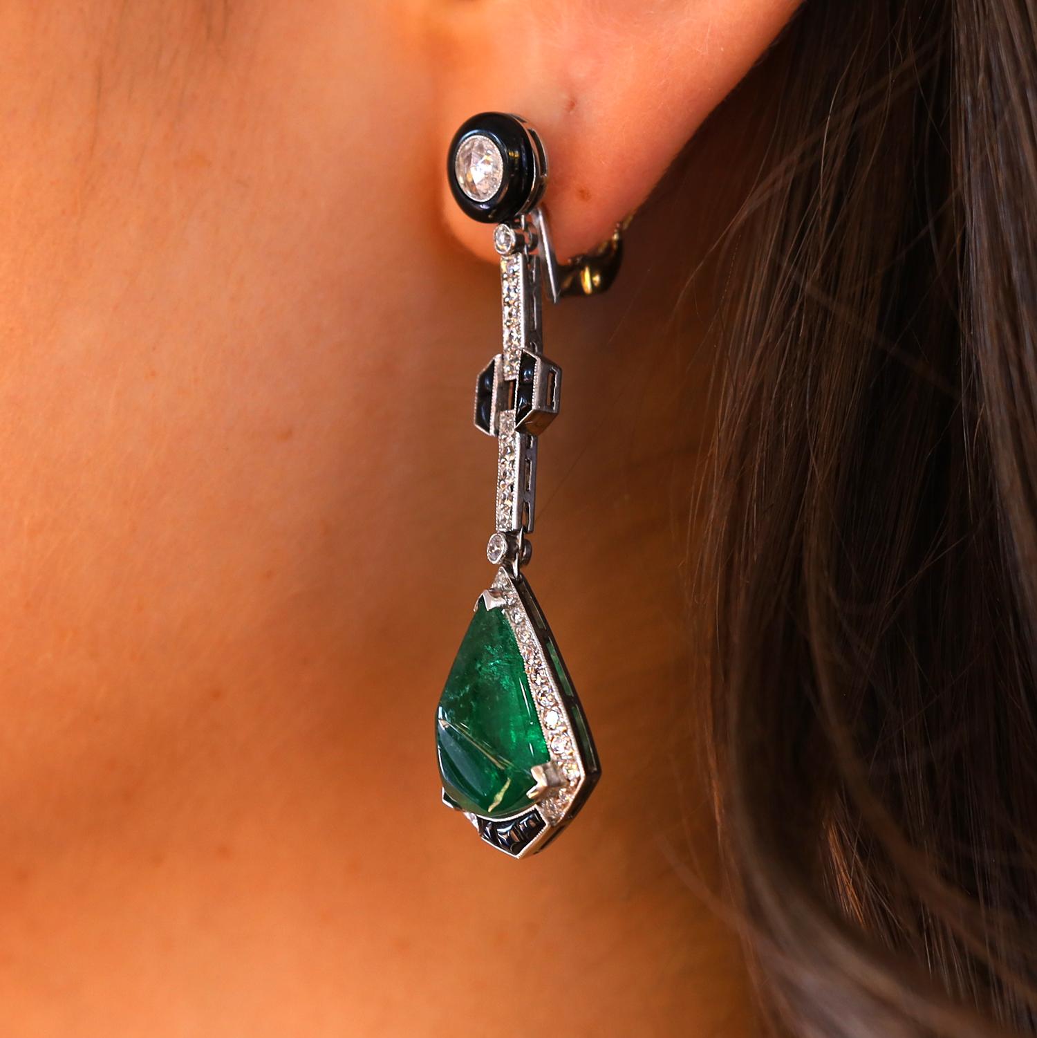 Dramatic Art Deco Emerald Diamond & Black Onyx Dangle Earrings