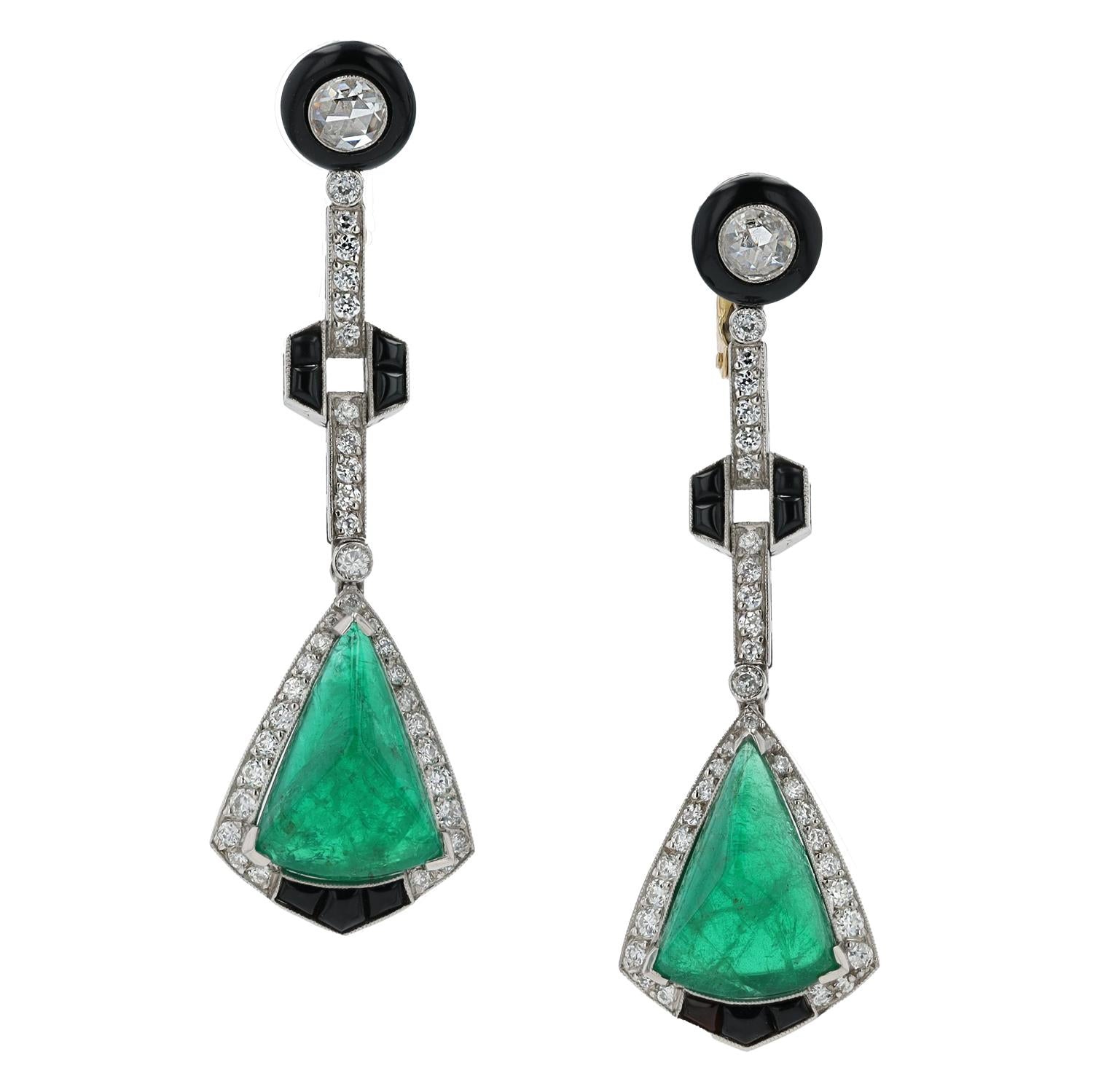 Dramatic Art Deco Emerald Diamond & Black Onyx Dangle Earrings