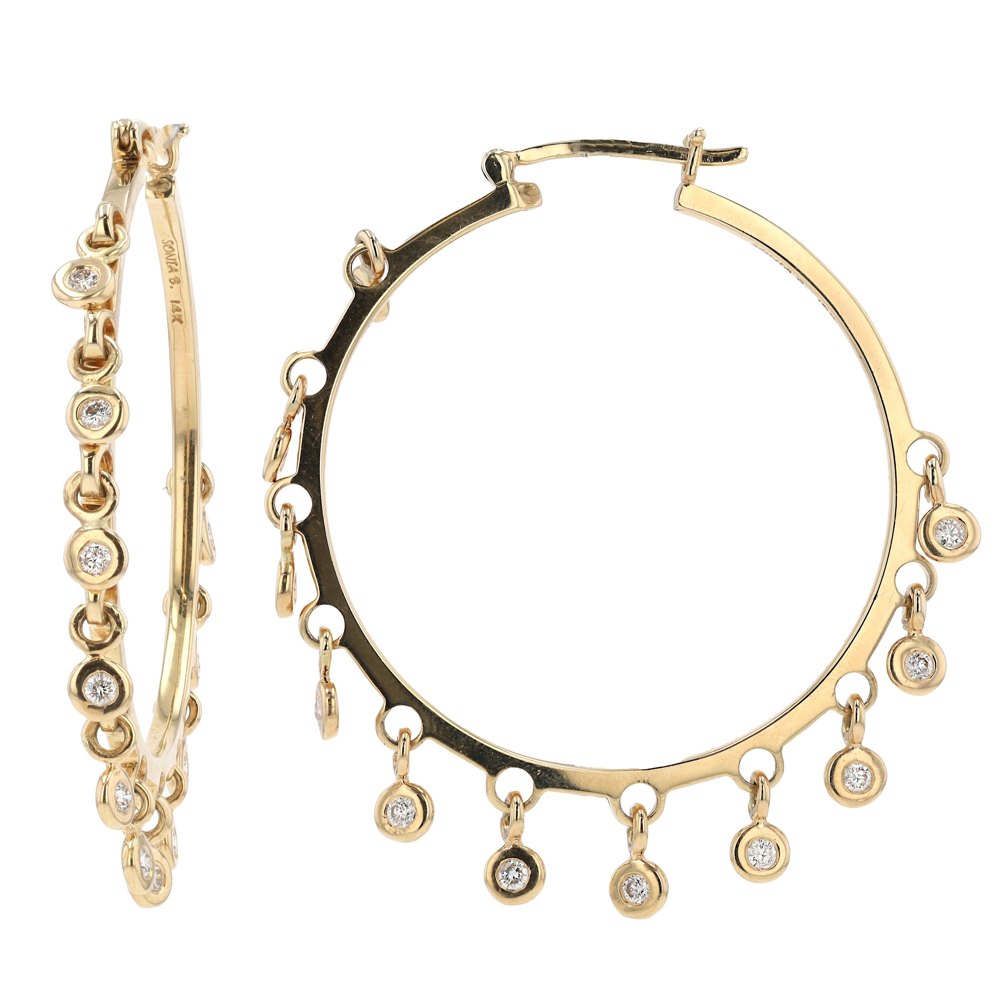 Designer Sonia B Diamond Dangle 14k Gold Hoop Earrings