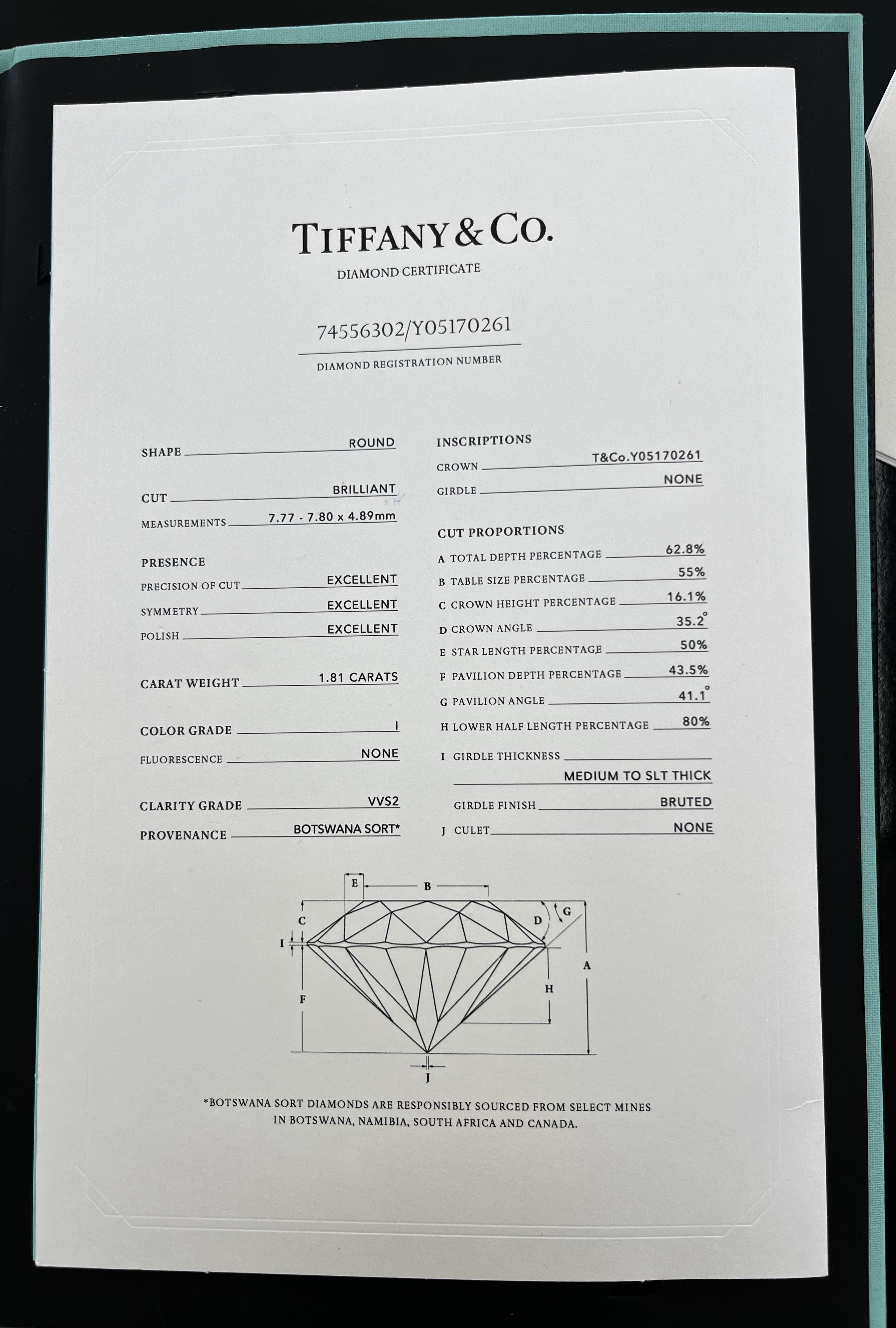 Tiffany & Co 1.81 Carat I/VVS2 Round Brilliant Diamond Engagement Ring