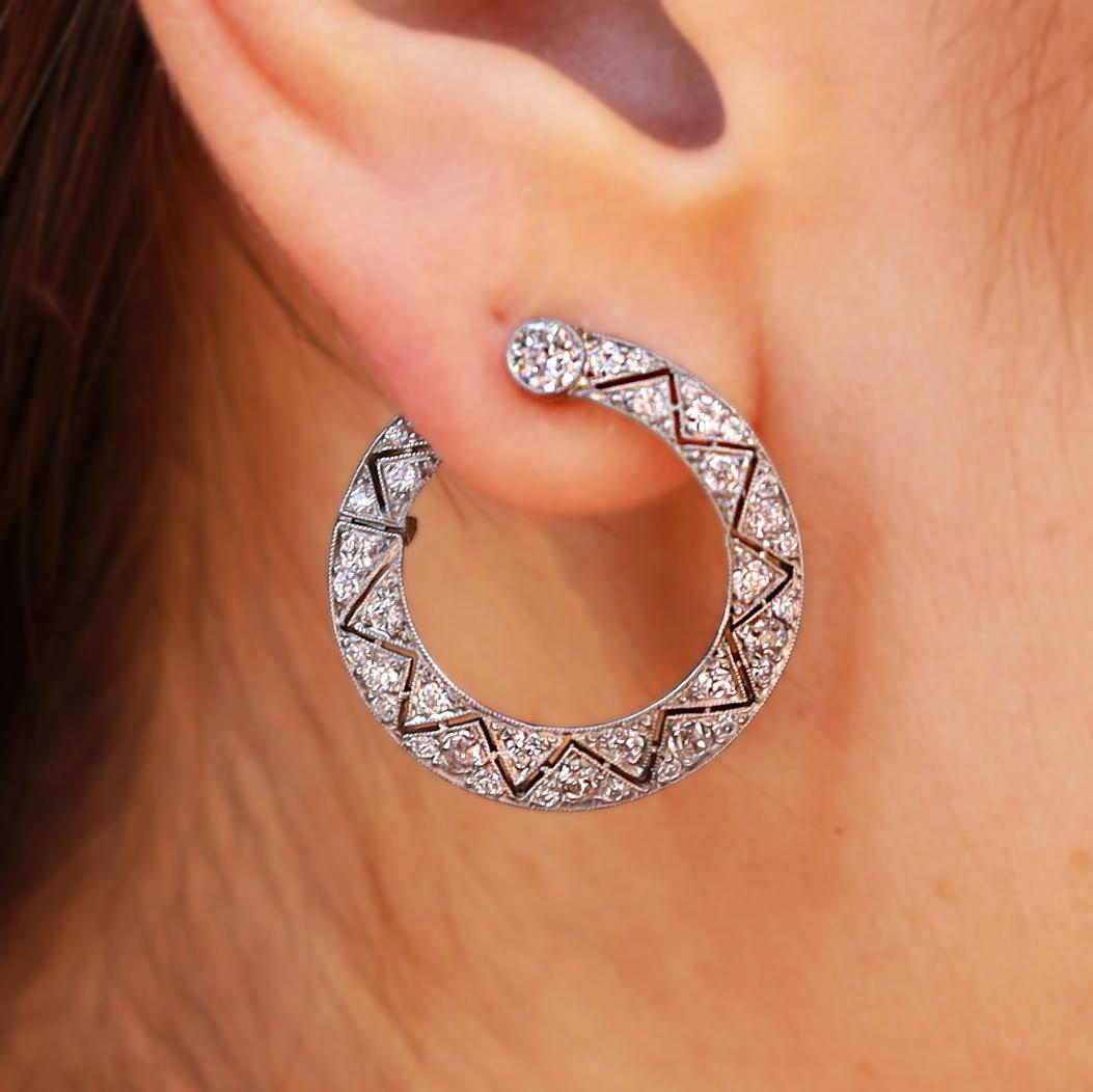 Chic Front Facing Diamond & Platinum Art Deco Hoop Earrings