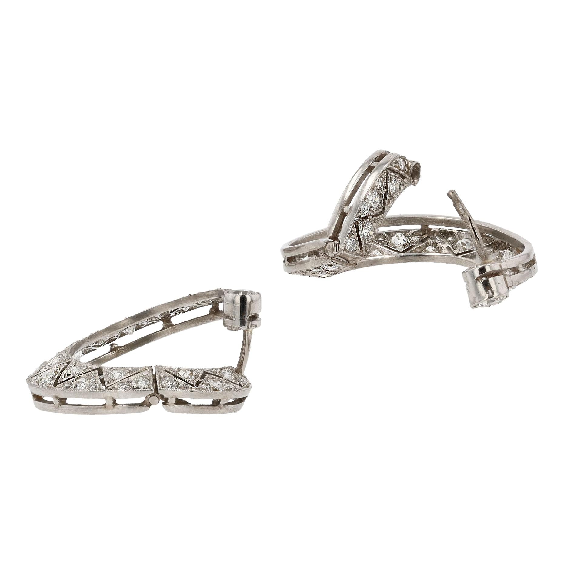 Chic Front Facing Diamond & Platinum Art Deco Hoop Earrings
