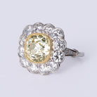 Antique 3.76 Carat Old Mine Cut Yellow Diamond Platinum Halo Engagement Ring