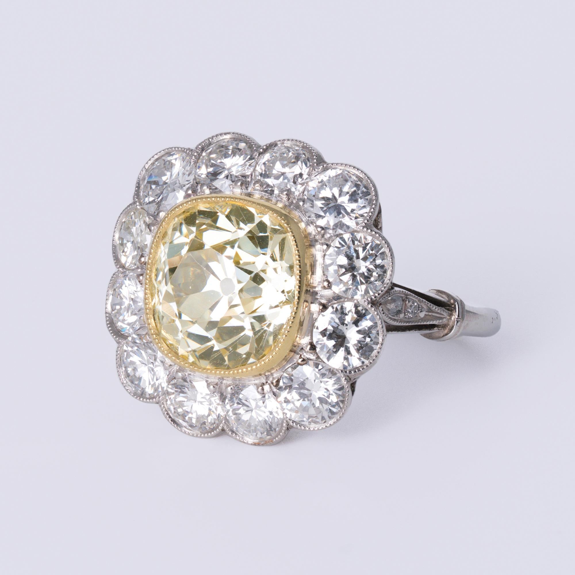 Antique 3.76 Carat Old Mine Cut Yellow Diamond Platinum Halo Engagement Ring