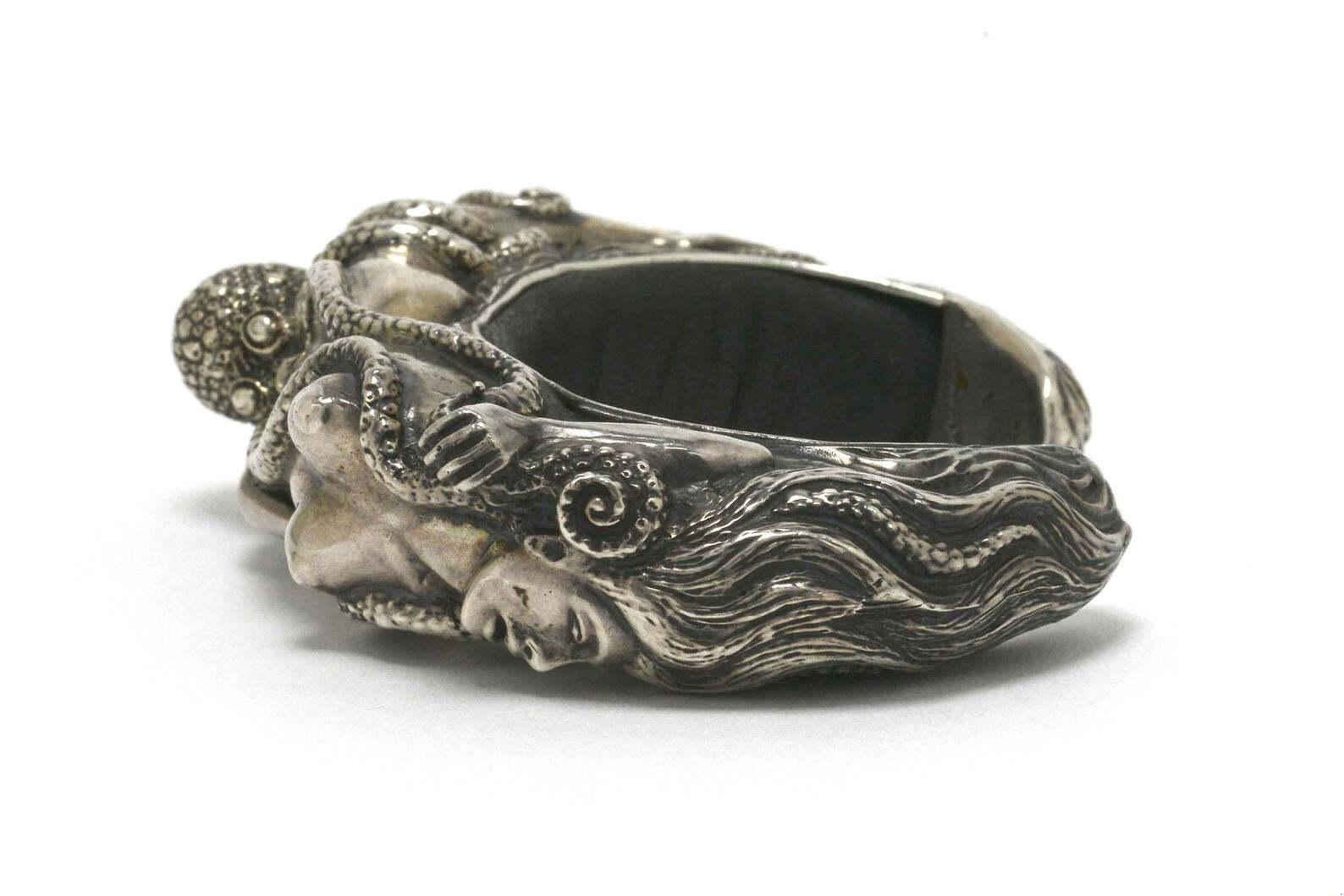 Mens Bracelet Octopus & Nude Woman Silver Cuff Japanese Shunga Erotica