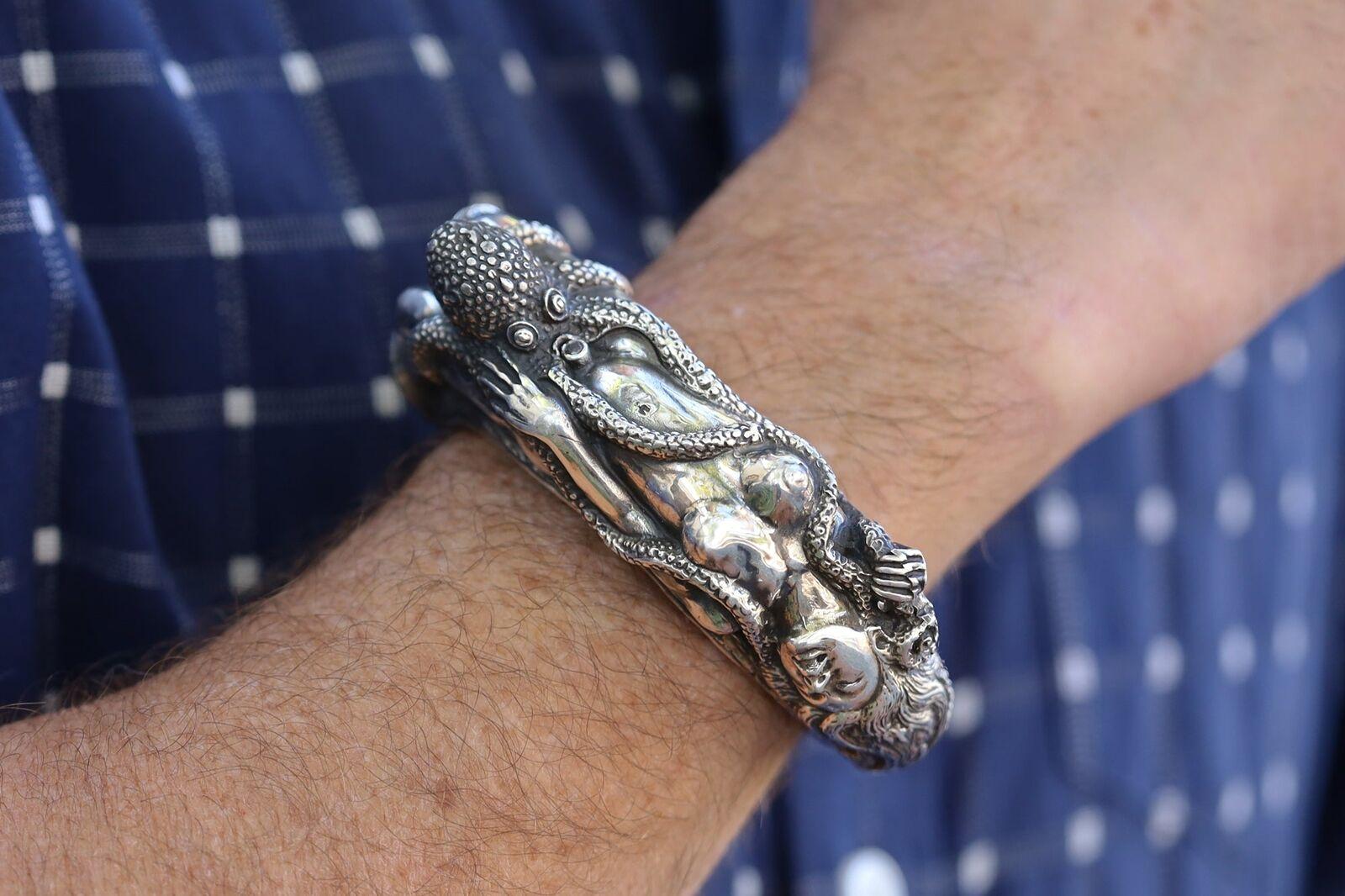 Mens Bracelet Octopus & Nude Woman Silver Cuff Japanese Shunga Erotica