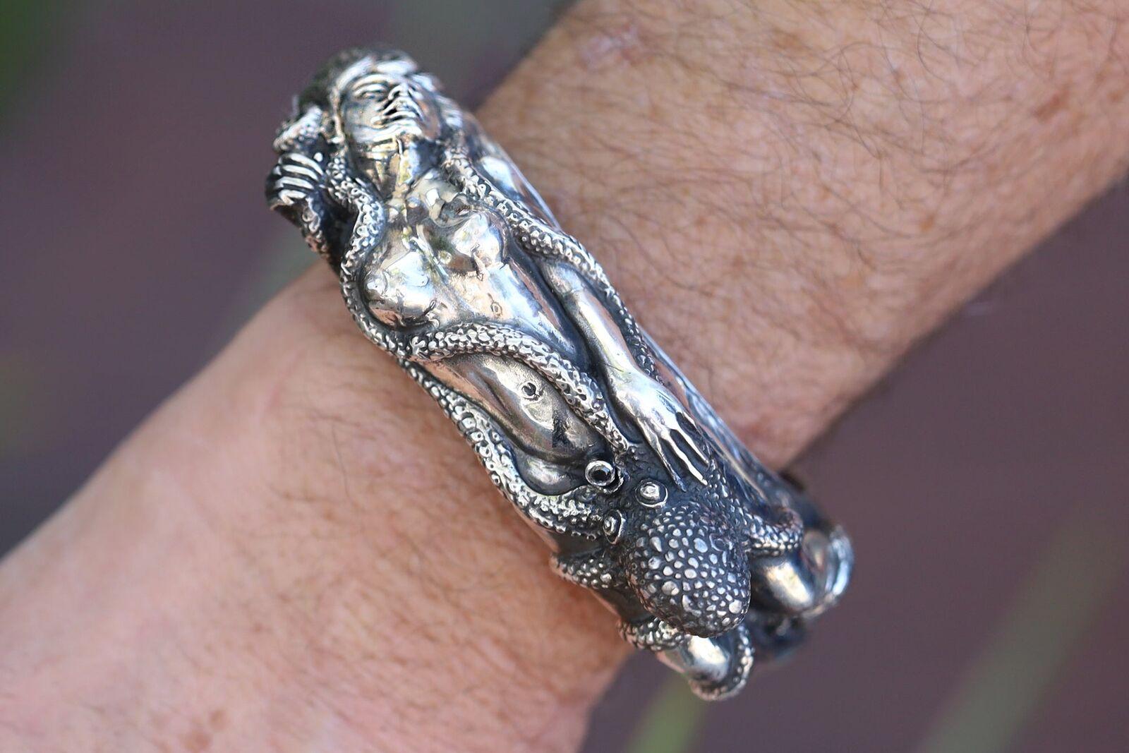 Mens Bracelet Octopus & Nude Woman Silver Cuff Japanese Shunga Erotica