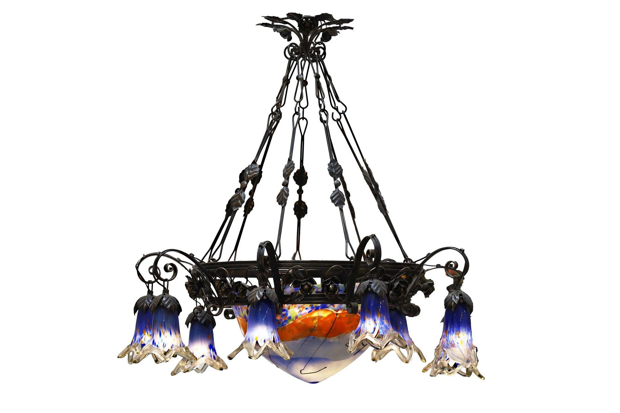 Murano Glass Grand 9 Light Wrought Iron Art Nouveau Chandelier