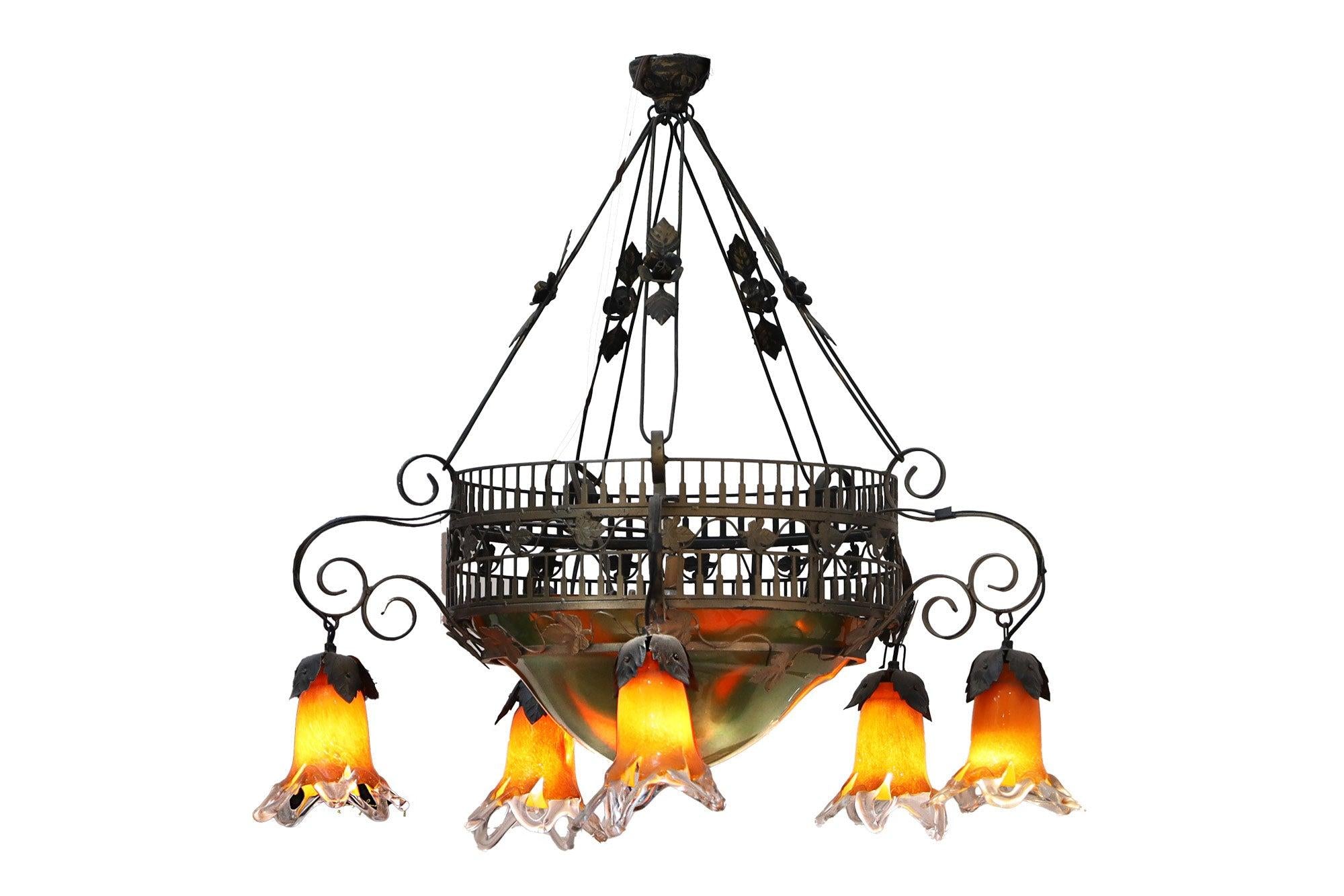 Murano Glass and Iron Art Nouveau Chandelier