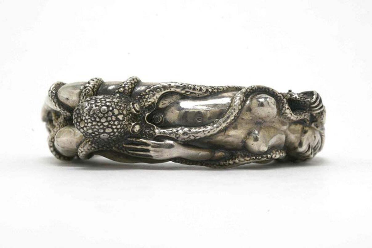 Octopus & Nude Woman Silver Cuff Bracelet Japanese Shunga Erotica Statement