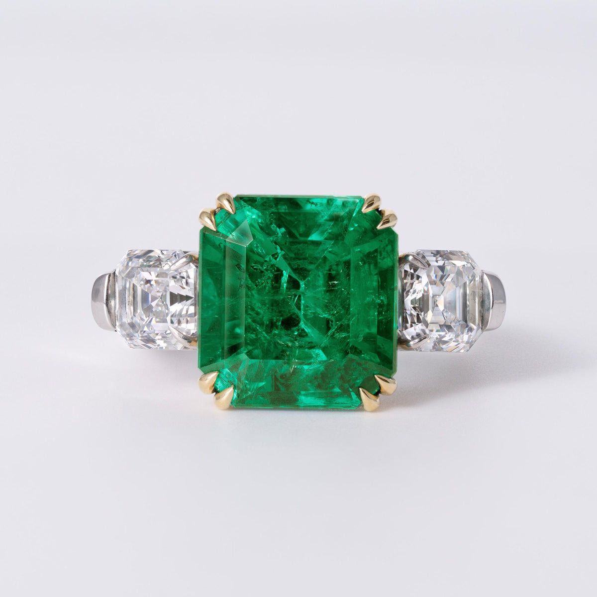 Finest Colombian Emerald No Oil 5.59ct Art Deco Ring, 2.01ct Diamond Sides