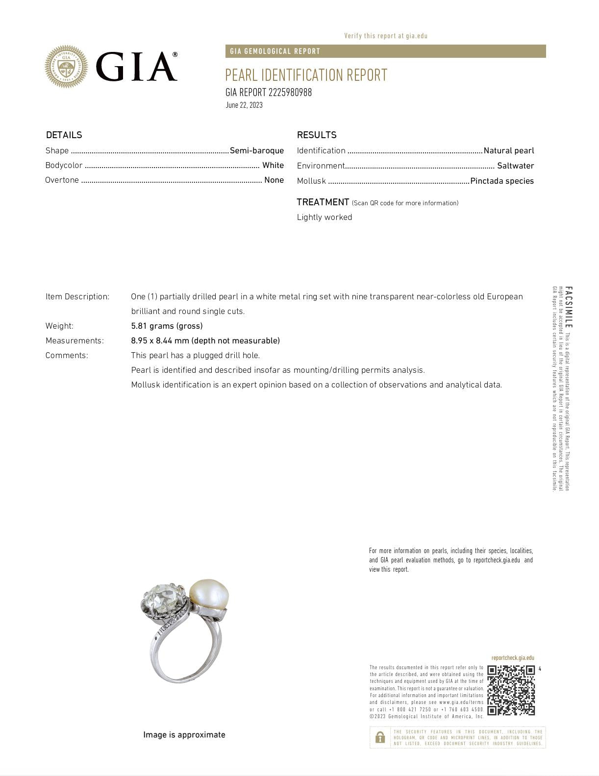 GIA Certified Antique 3.21 Carat Diamond and Natural Pearl Toi et Moi Ring