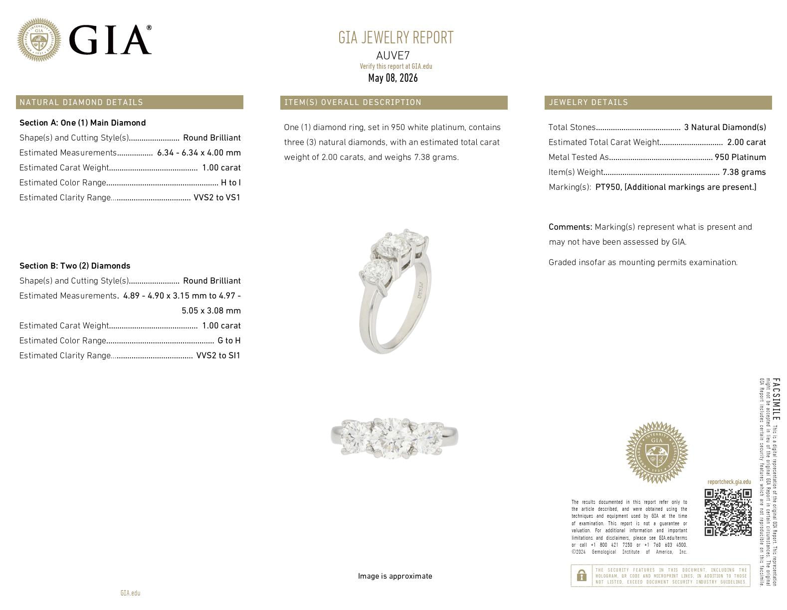 GIA Certified 2.00 Carat Round Natural Diamond 3-Stone Platinum Engagement Ring