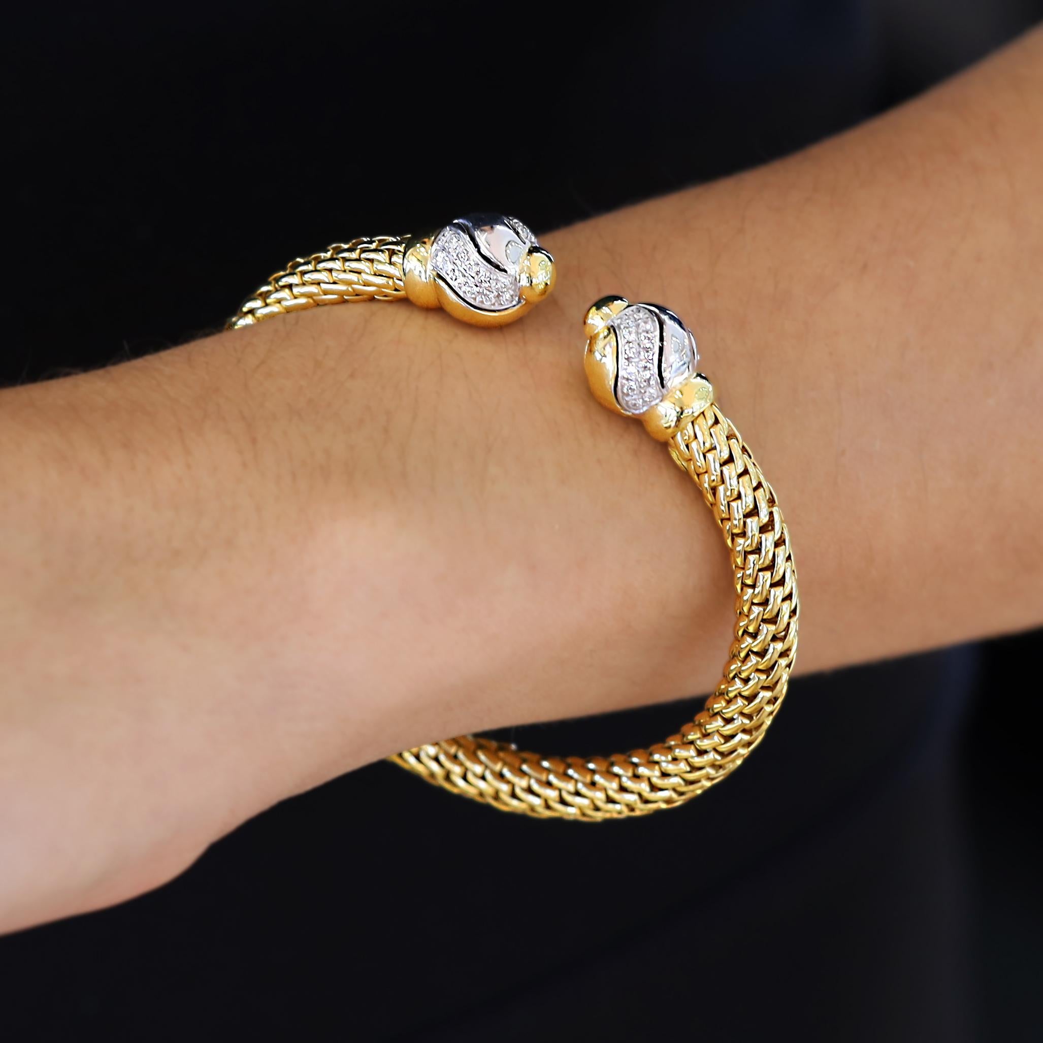 Vintage Signed FOPE Flex'it Mesh Diamond & 18k Gold 2 Tone Open Cuff Bracelet