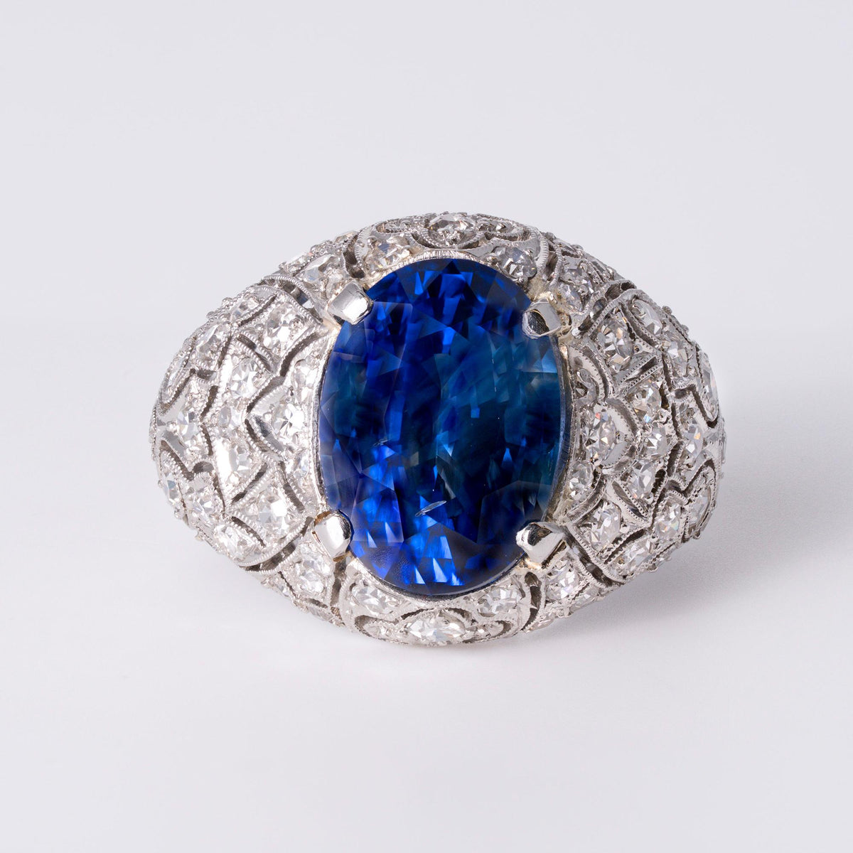 Art Deco 5.50ct Blue Sapphire & 1.50ct Diamond Platinum Filigree Ring