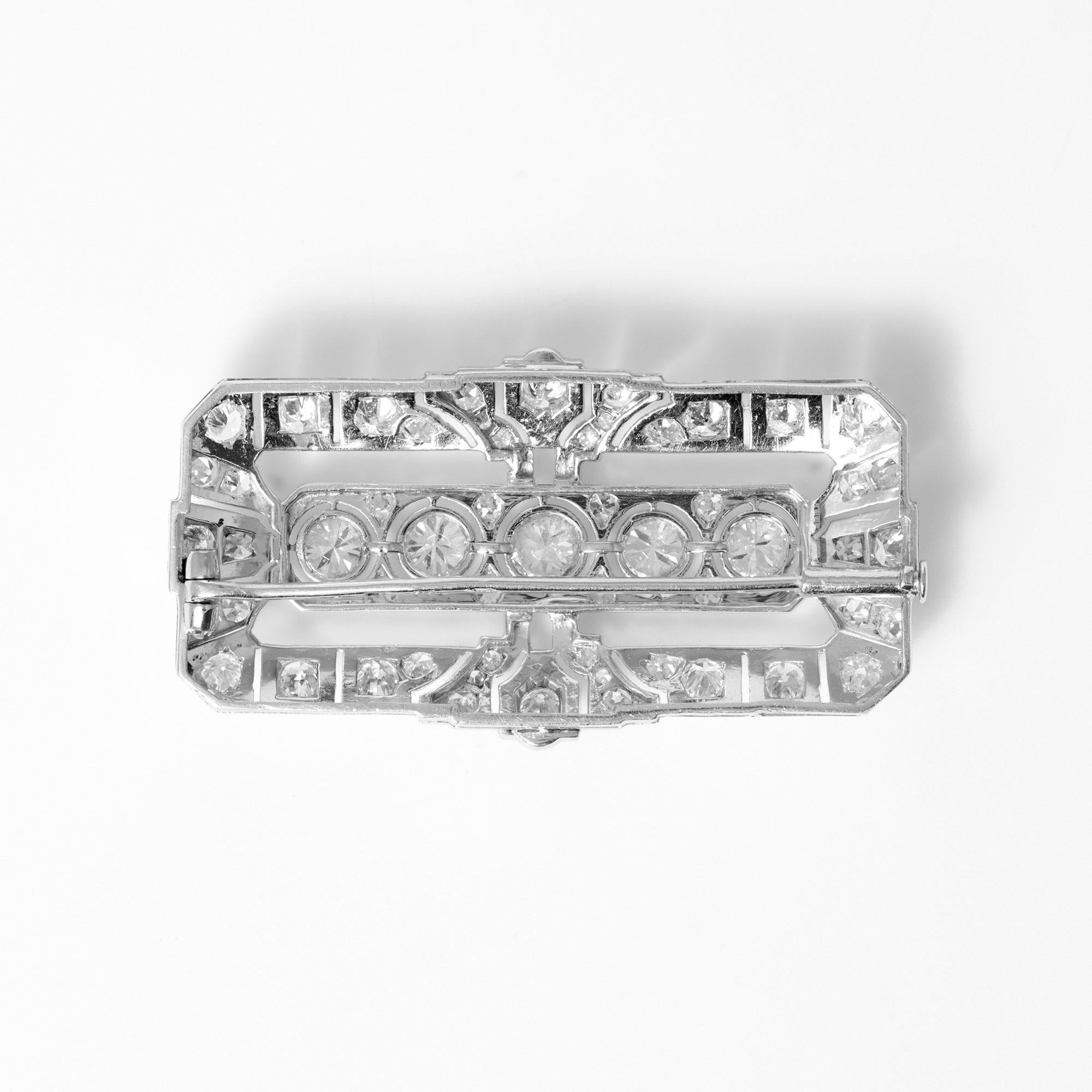 1920s French Art Deco 3.25 Carat Diamond Geometric Platinum Brooch Pin