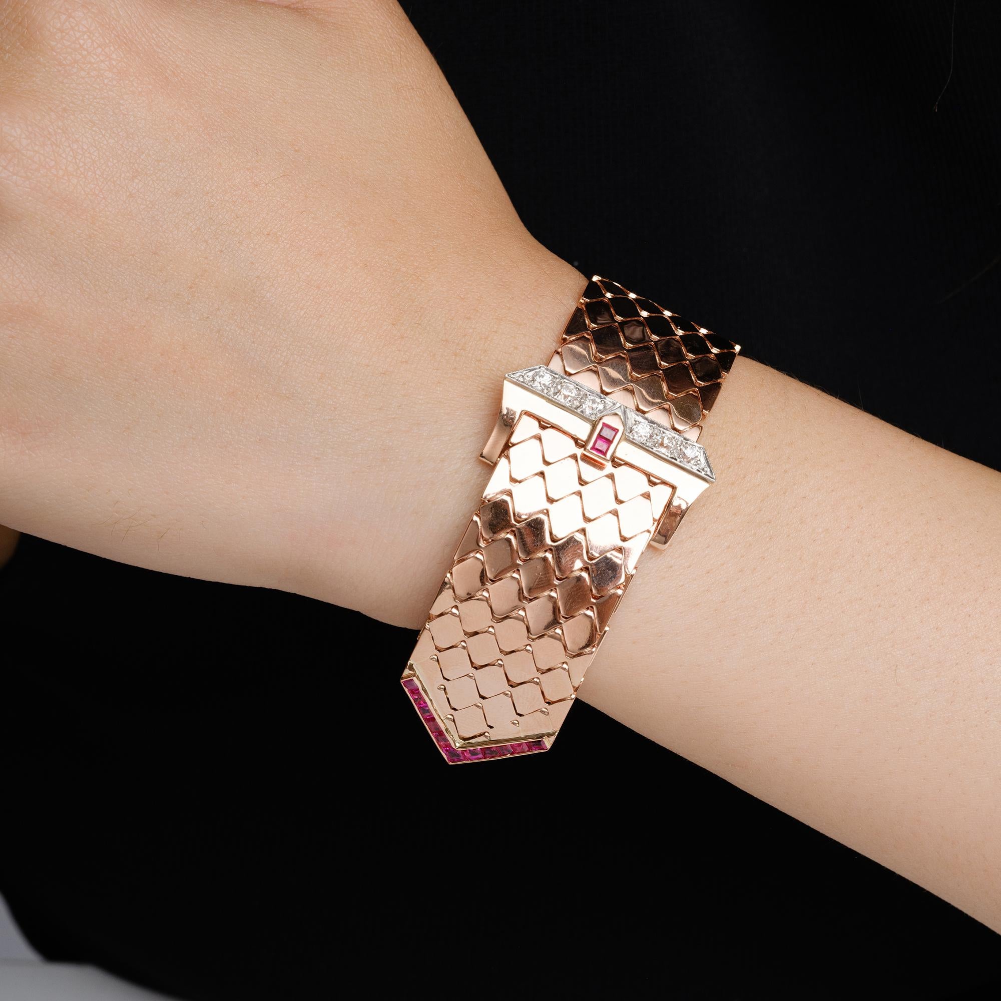 Retro 14k Rose Gold Ruby & Diamond Wide Buckle Bracelet