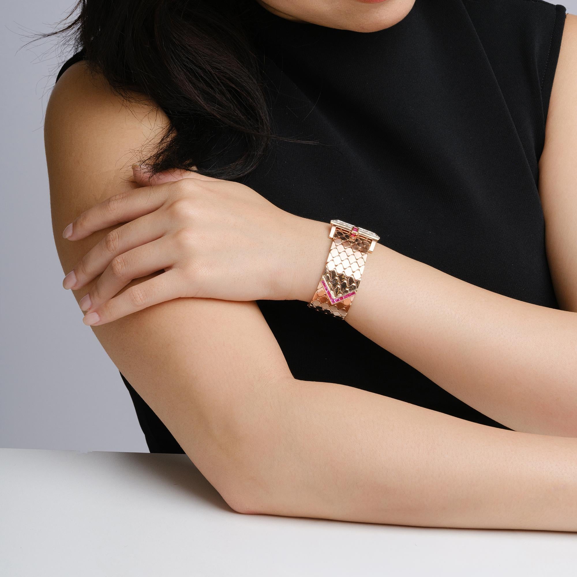 Retro 14k Rose Gold Ruby & Diamond Wide Buckle Bracelet