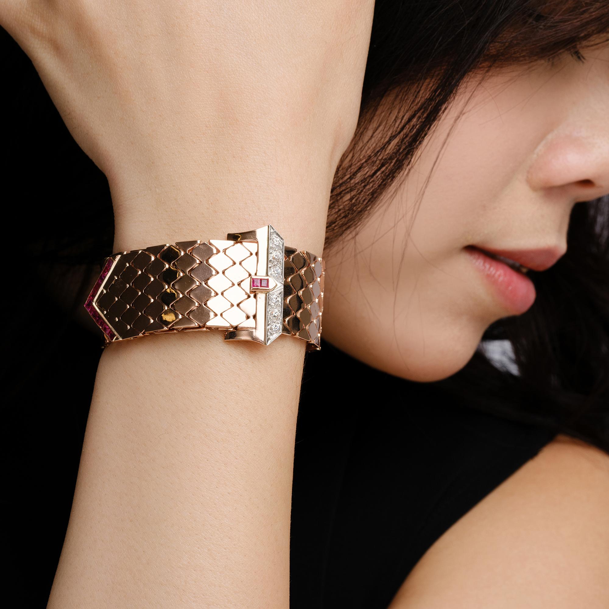 Retro 14k Rose Gold Ruby & Diamond Wide Buckle Bracelet