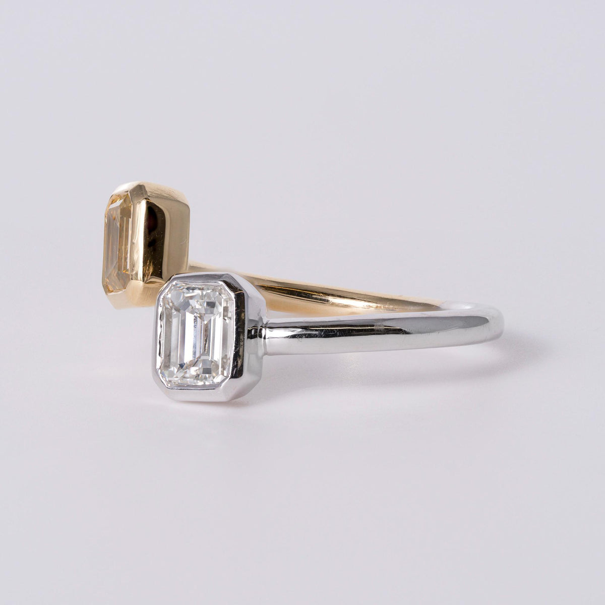 GIA Certified 18k Yellow & White Emerald Cut Diamond Toi Et Moi Ring