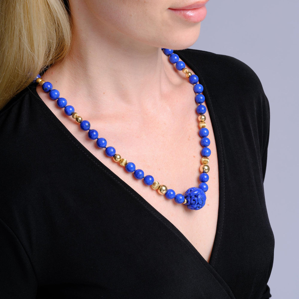 Vintage Mid Century Lapis Lazuli Longevity Bead Necklace