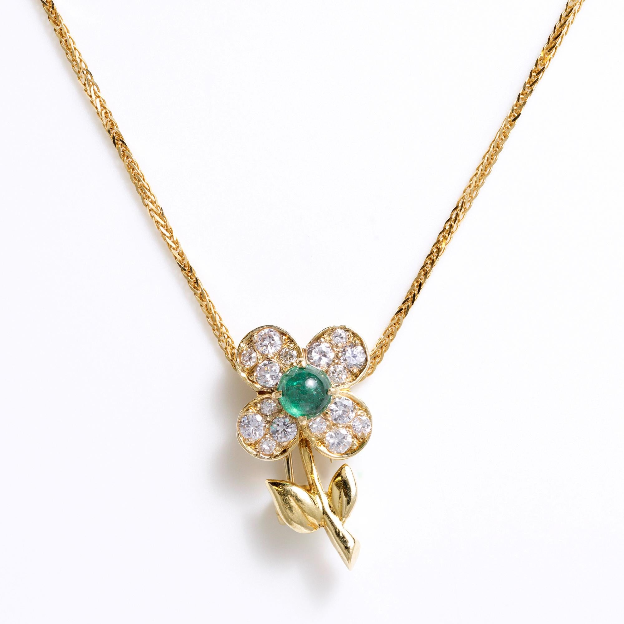 Vintage Van Cleef & Arpels Emerald and Diamond Flower Convertible Pin Pendant