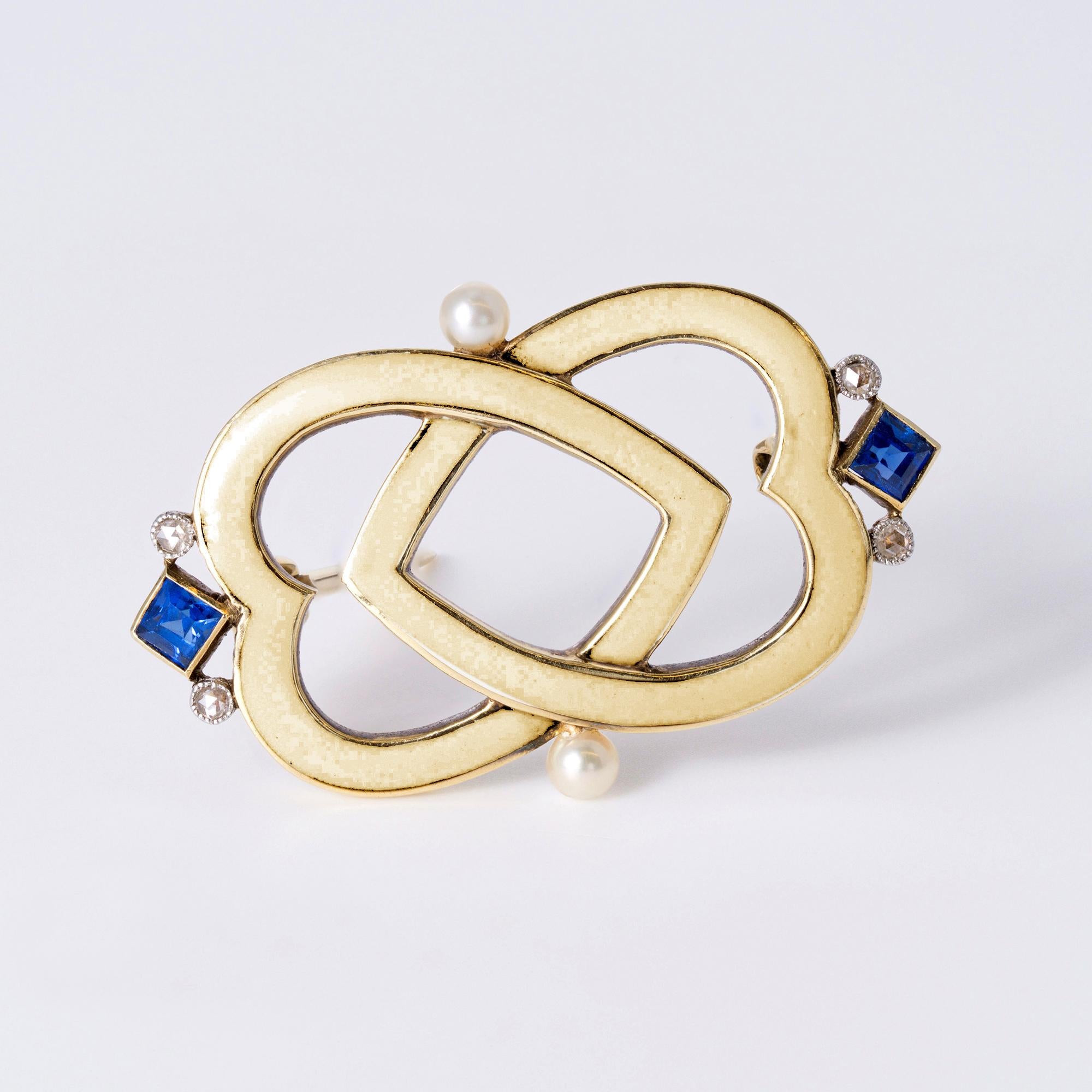 Antique Cartier Art Deco Sapphire & Enamel Interlocking Hearts Brooch