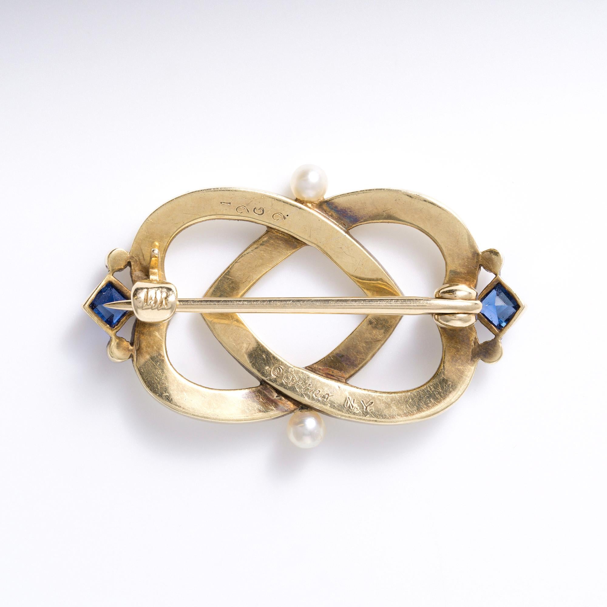 Antique Cartier Art Deco Sapphire & Enamel Interlocking Hearts Brooch