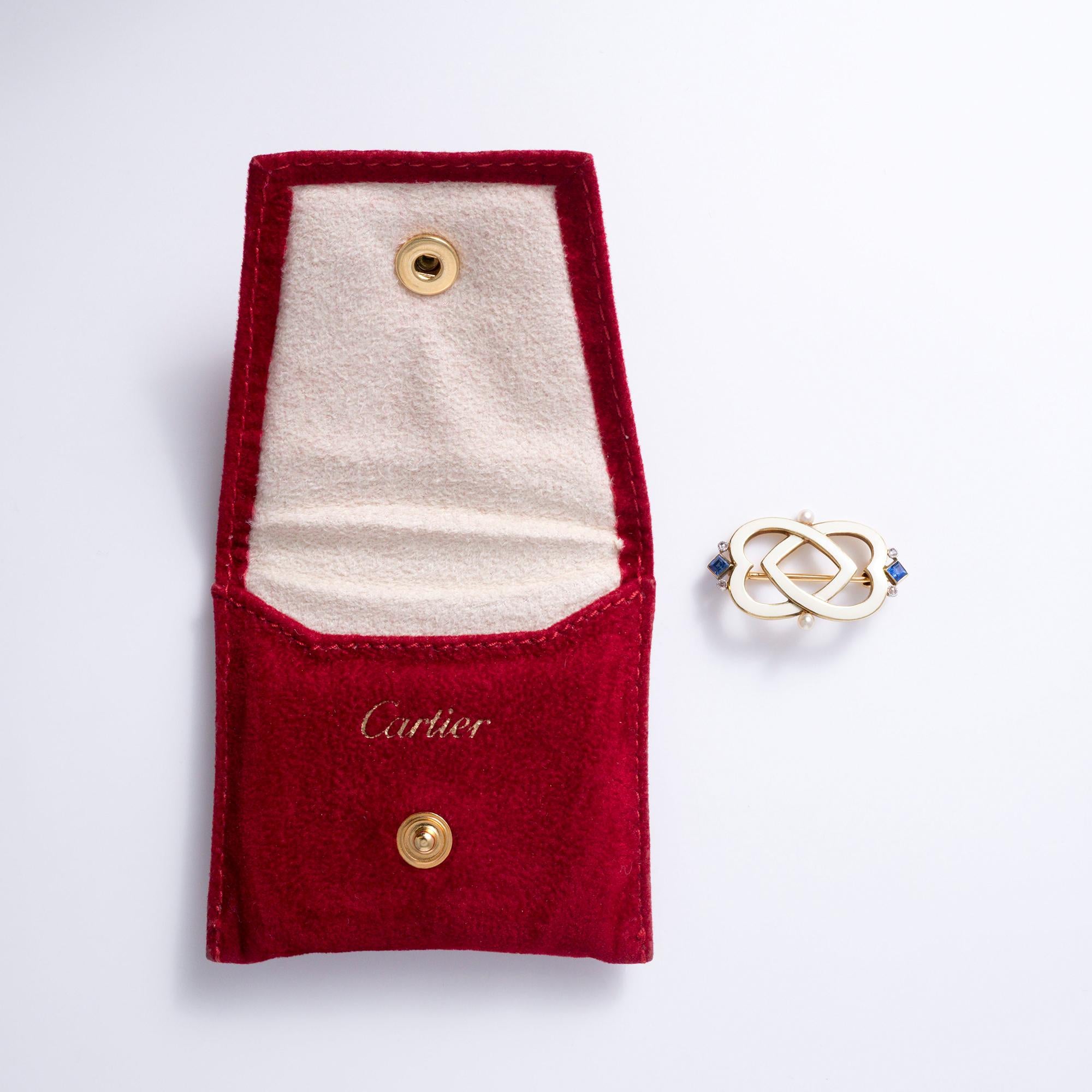 Antique Cartier Art Deco Sapphire & Enamel Interlocking Hearts Brooch