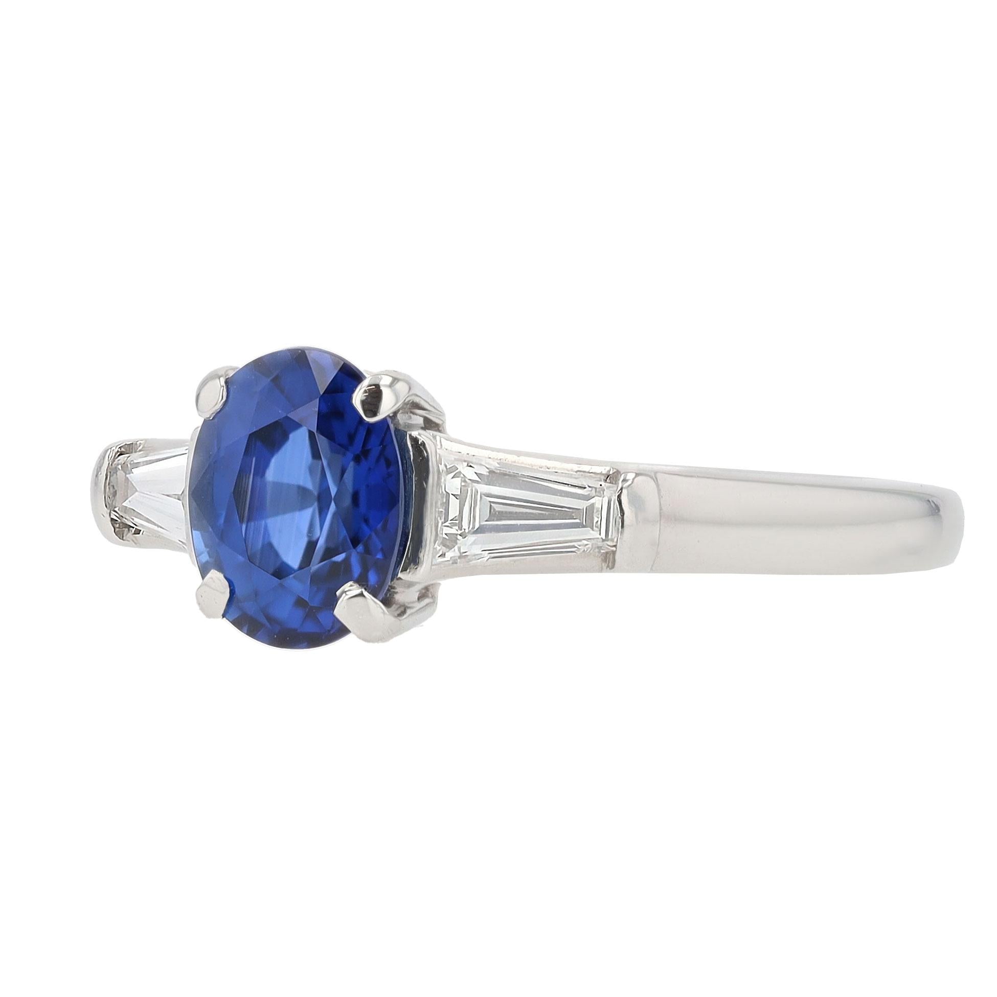 Vintage Platinum Tiffany & Co Oval Sapphire & Diamond 3 Stone Engagement Ring