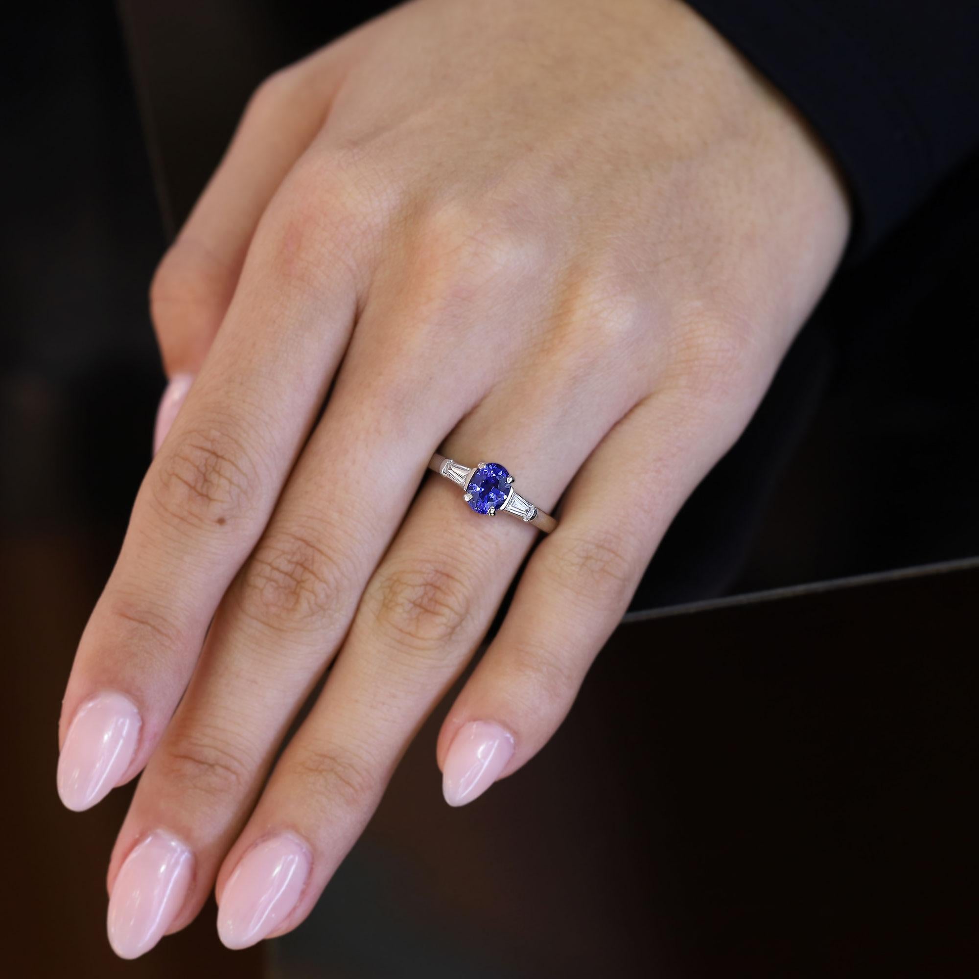 Vintage Platinum Tiffany & Co Oval Sapphire & Diamond 3 Stone Engagement Ring