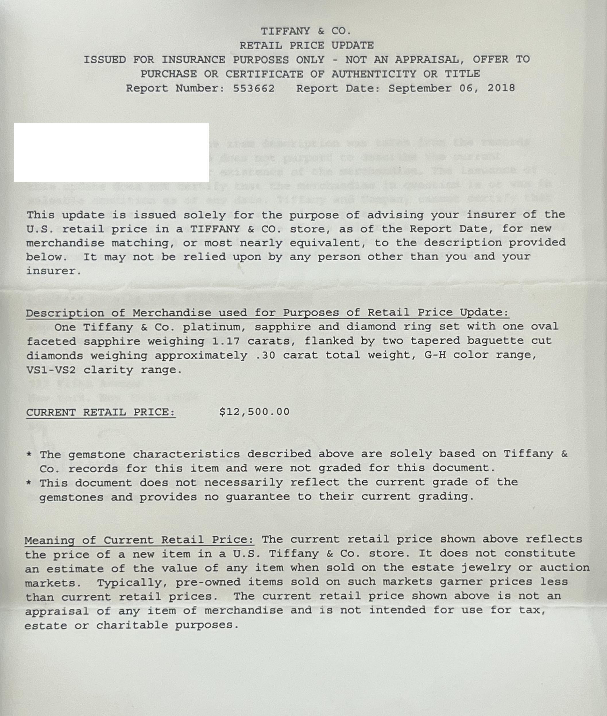 Vintage Platinum Tiffany & Co Oval Sapphire & Diamond 3 Stone Engagement Ring