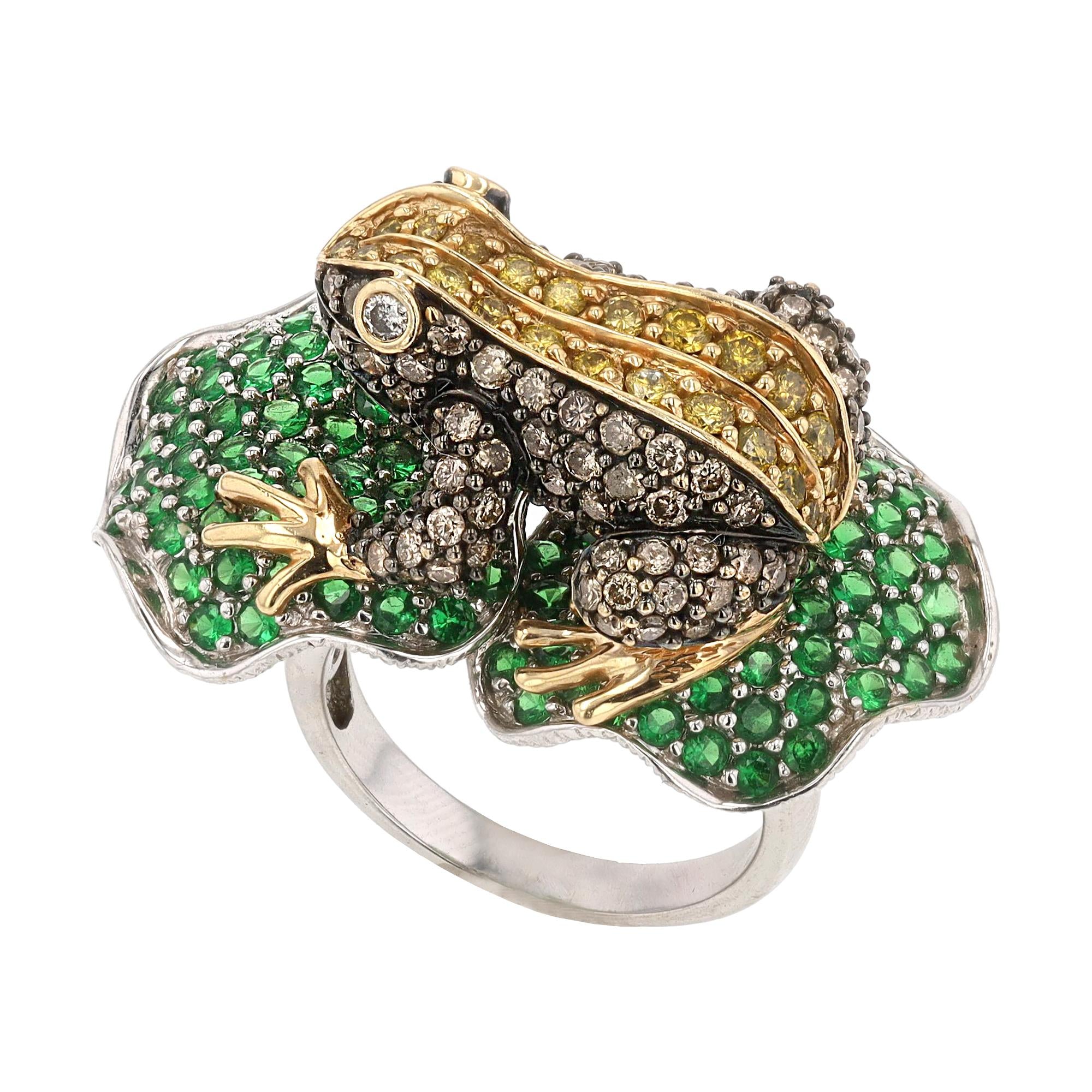 Tsavorite & Diamond 14k Gold Frog Vintage Cocktail Ring
