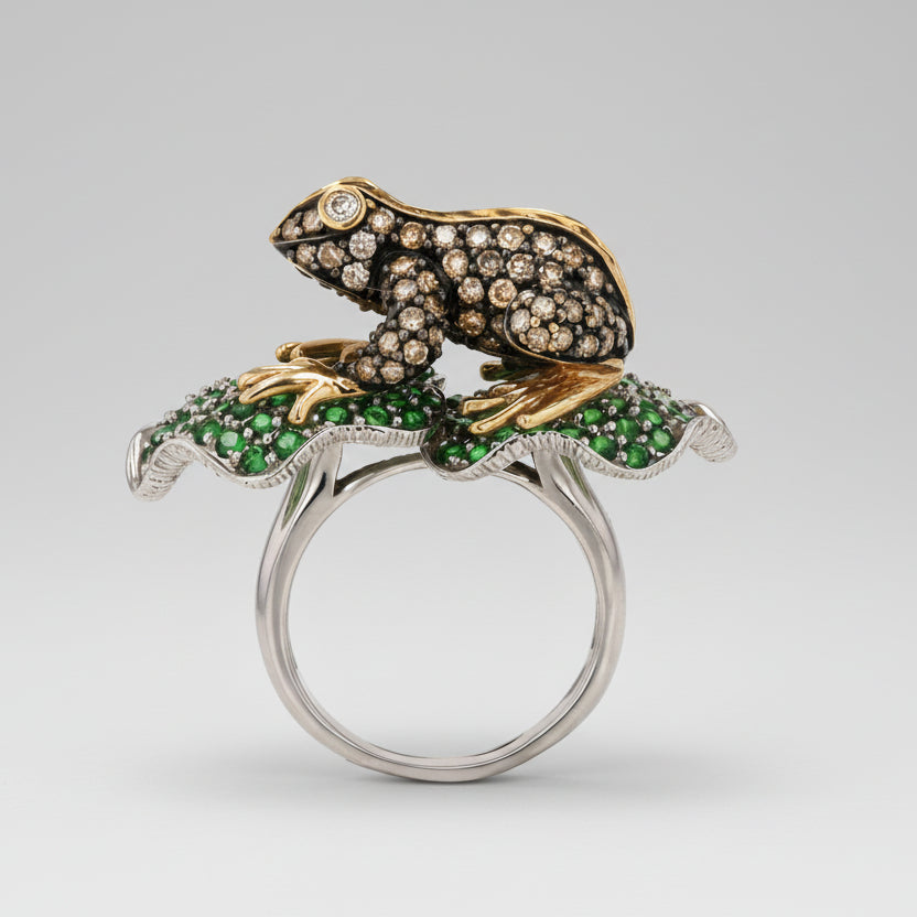 Tsavorite & Diamond 14k Gold Frog Vintage Cocktail Ring