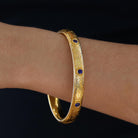 Antique English Victorian 16k Yellow Gold Engraved Sapphire Bangle Bracelet